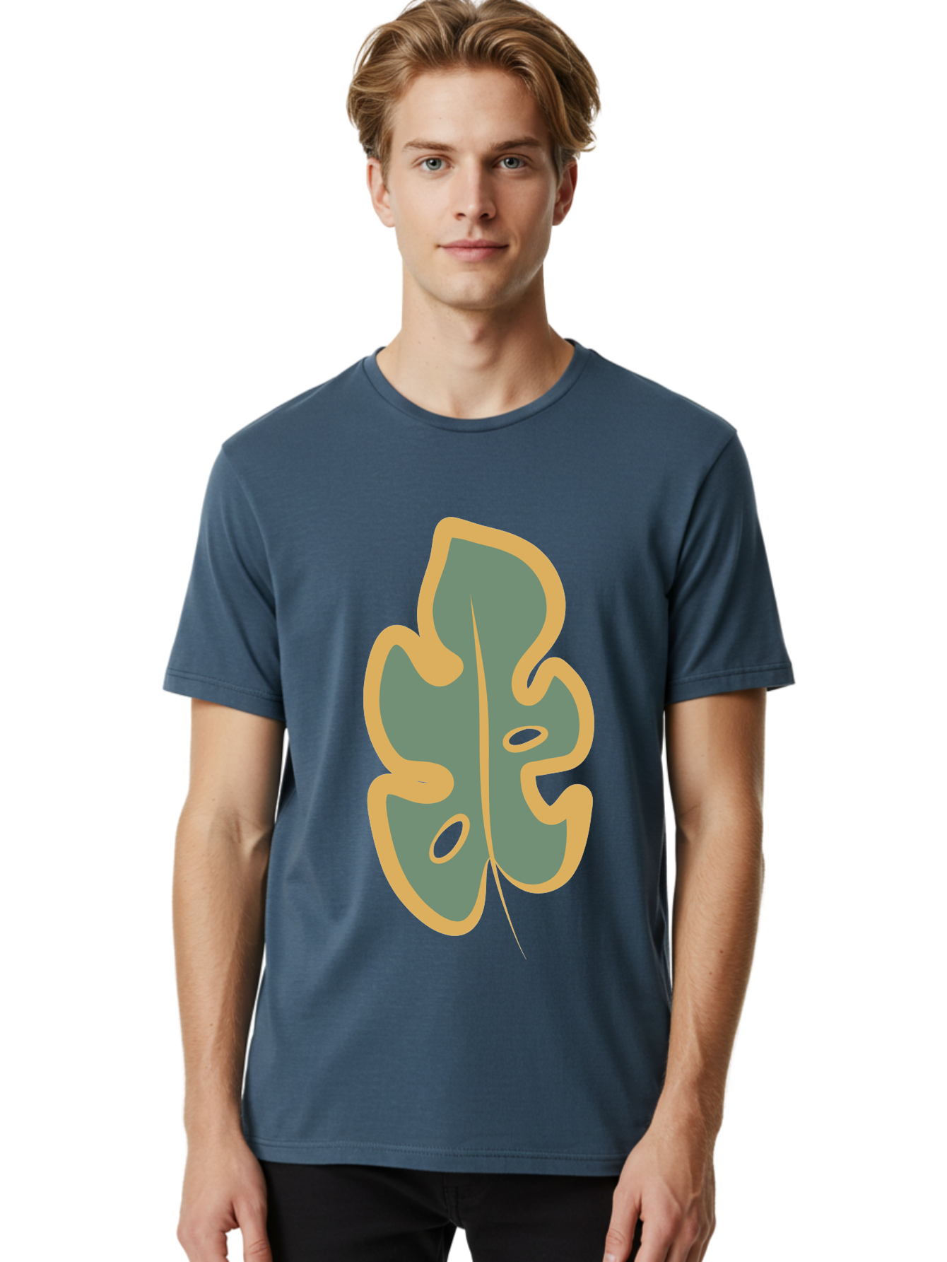 Monstera-Leaf Men'S Graphic Tee, 100% Cotton, Comfortable Casual Summer Wear, Machine Washable, Simple Leaf Illustration, Minimalist Art, Gray And Yellow Colors, Natural Shapes, Organic Design, Botanical Elements, Leaf Pattern Aae031 16