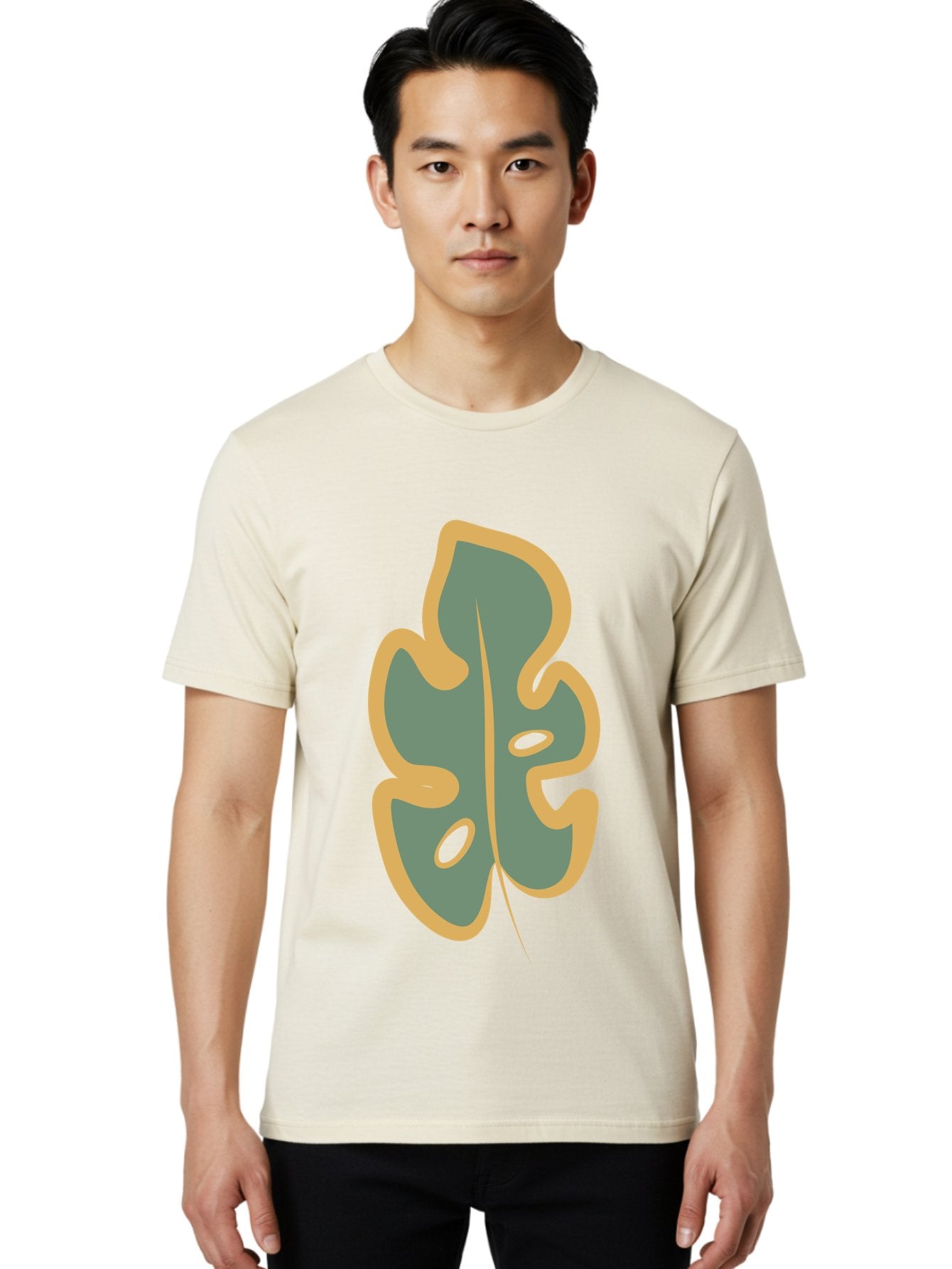 Monstera-Leaf Men'S Graphic Tee, 100% Cotton, Comfortable Casual Summer Wear, Machine Washable, Simple Leaf Illustration, Minimalist Art, Gray And Yellow Colors, Natural Shapes, Organic Design, Botanical Elements, Leaf Pattern Aae031 29