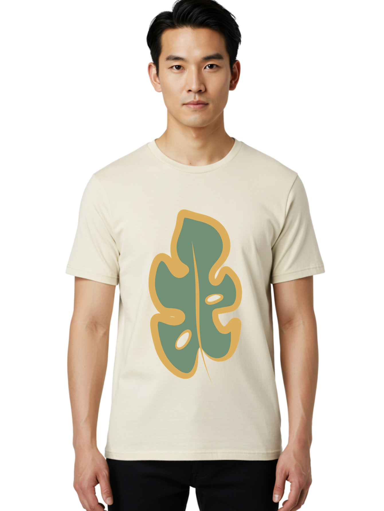 Monstera-Leaf Men'S Graphic Tee, 100% Cotton, Comfortable Casual Summer Wear, Machine Washable, Simple Leaf Illustration, Minimalist Art, Gray And Yellow Colors, Natural Shapes, Organic Design, Botanical Elements, Leaf Pattern Aae031 4