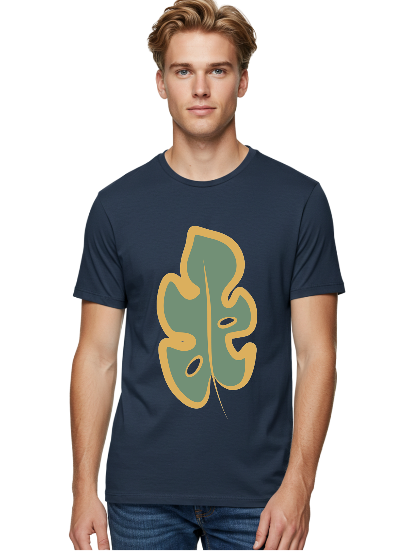 Monstera-Leaf Men'S Graphic Tee, 100% Cotton, Comfortable Casual Summer Wear, Machine Washable, Simple Leaf Illustration, Minimalist Art, Gray And Yellow Colors, Natural Shapes, Organic Design, Botanical Elements, Leaf Pattern Aae031 10