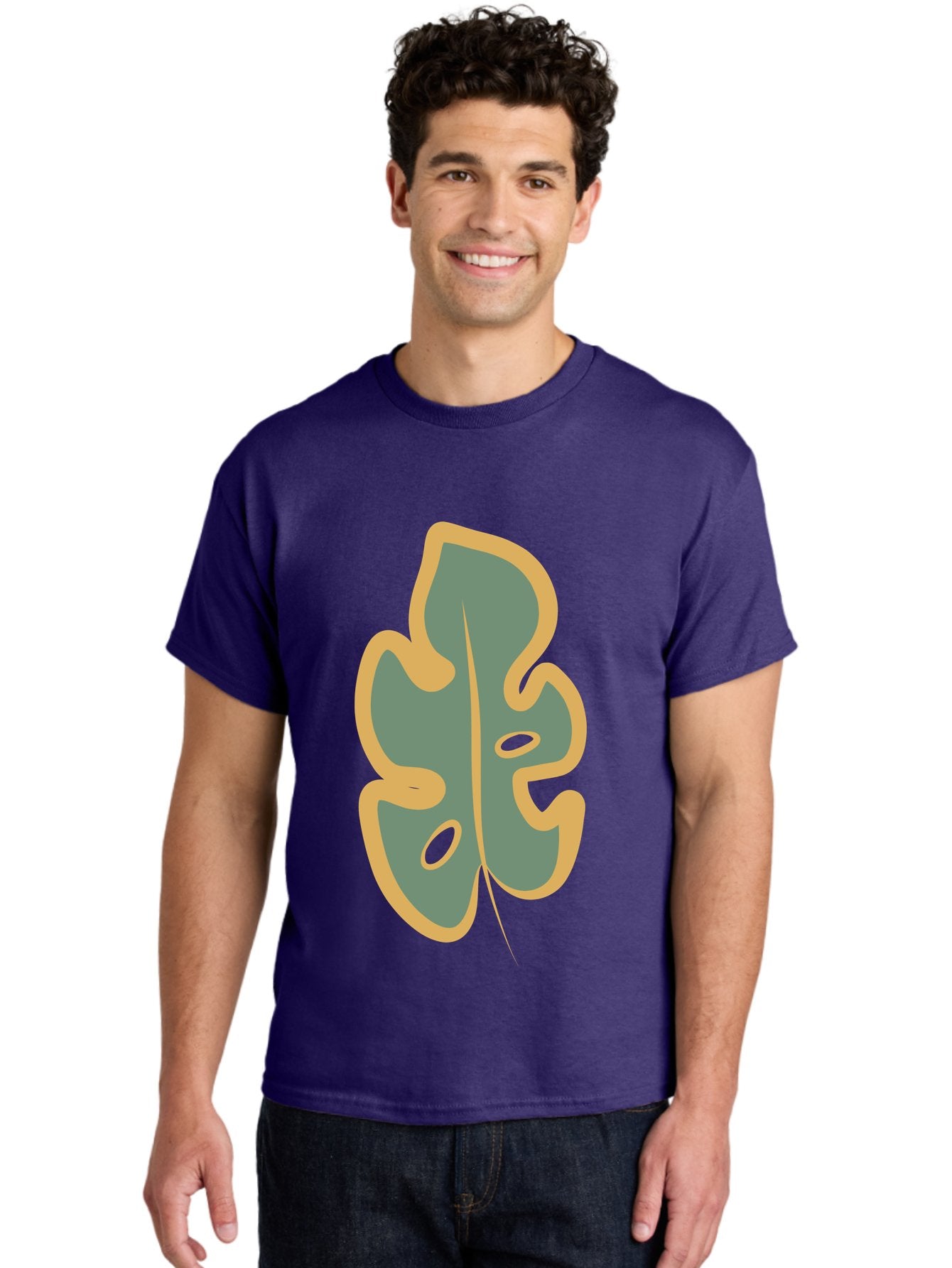 Monstera-Leaf Men'S Graphic Tee, 100% Cotton, Comfortable Casual Summer Wear, Machine Washable, Simple Leaf Illustration, Minimalist Art, Gray And Yellow Colors, Natural Shapes, Organic Design, Botanical Elements, Leaf Pattern Aae031 21