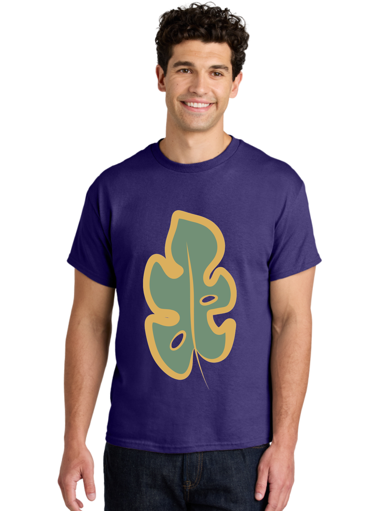 Monstera-Leaf Men'S Graphic Tee, 100% Cotton, Comfortable Casual Summer Wear, Machine Washable, Simple Leaf Illustration, Minimalist Art, Gray And Yellow Colors, Natural Shapes, Organic Design, Botanical Elements, Leaf Pattern Aae031 20