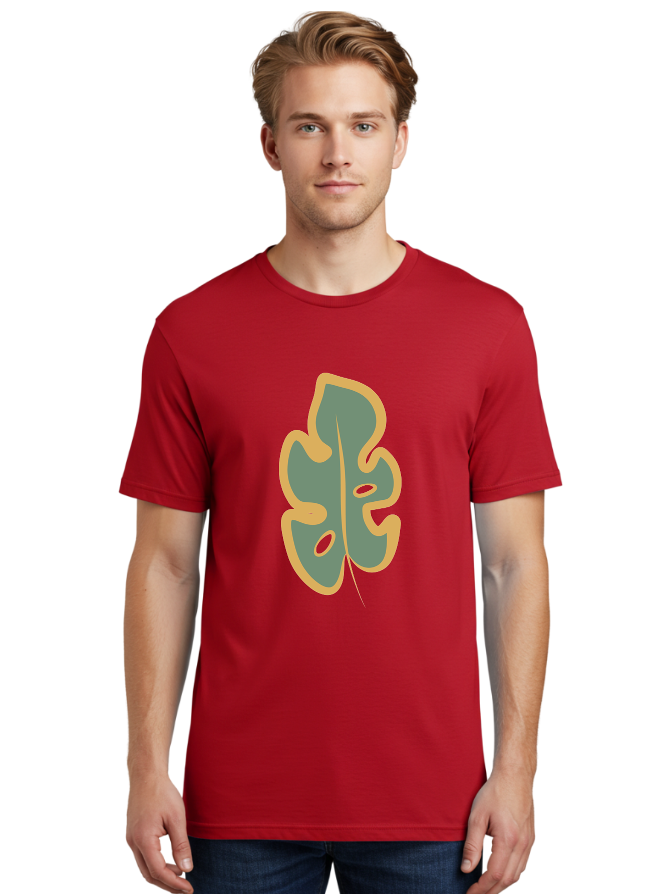 Monstera-Leaf Men'S Graphic Tee, 100% Cotton, Comfortable Casual Summer Wear, Machine Washable, Simple Leaf Illustration, Minimalist Art, Gray And Yellow Colors, Natural Shapes, Organic Design, Botanical Elements, Leaf Pattern Aae031 14