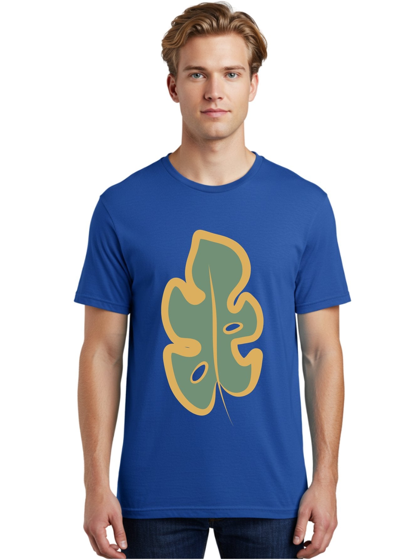 Monstera-Leaf Men'S Graphic Tee, 100% Cotton, Comfortable Casual Summer Wear, Machine Washable, Simple Leaf Illustration, Minimalist Art, Gray And Yellow Colors, Natural Shapes, Organic Design, Botanical Elements, Leaf Pattern Aae031 17