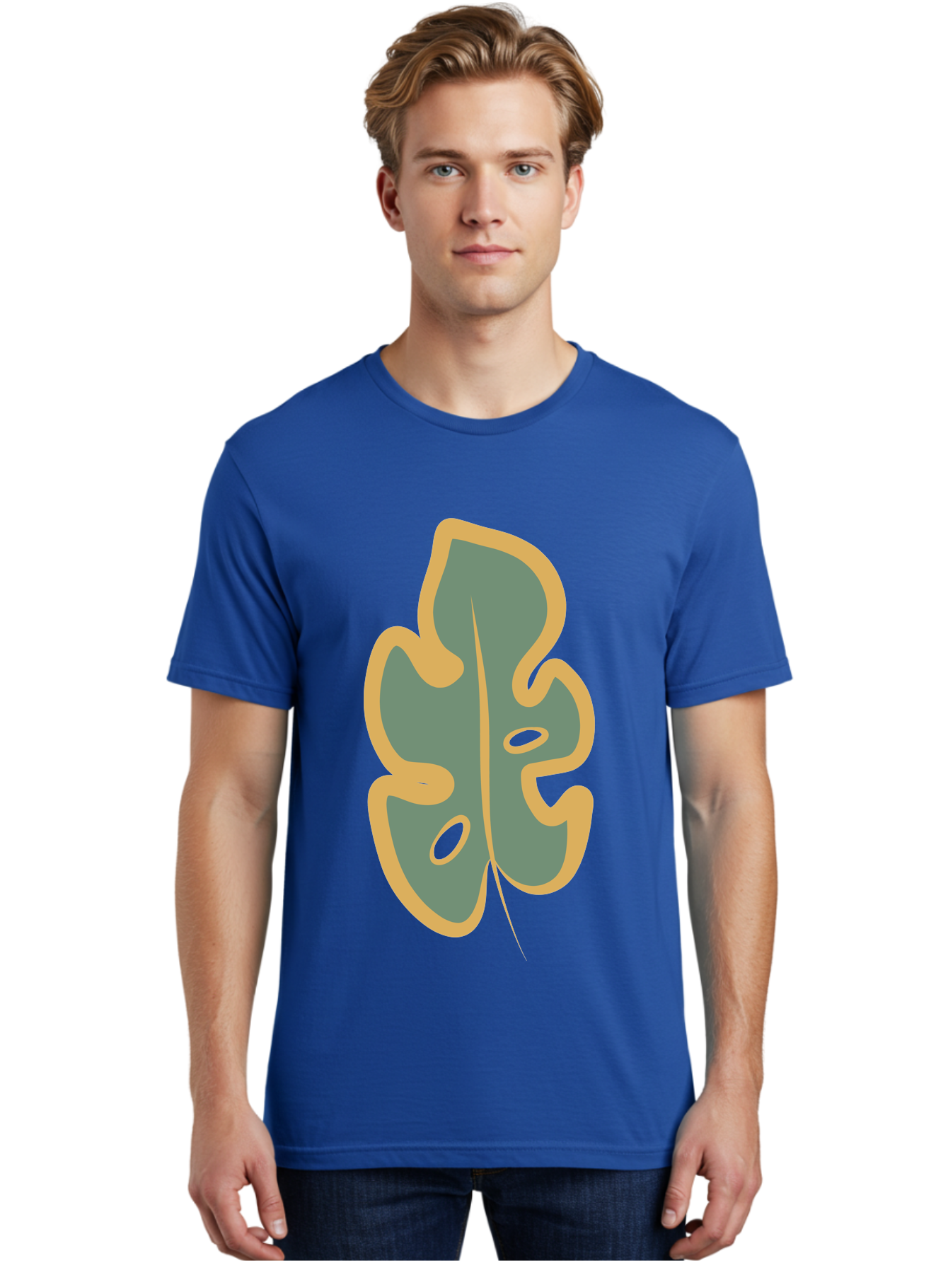 Monstera-Leaf Men'S Graphic Tee, 100% Cotton, Comfortable Casual Summer Wear, Machine Washable, Simple Leaf Illustration, Minimalist Art, Gray And Yellow Colors, Natural Shapes, Organic Design, Botanical Elements, Leaf Pattern Aae031 28