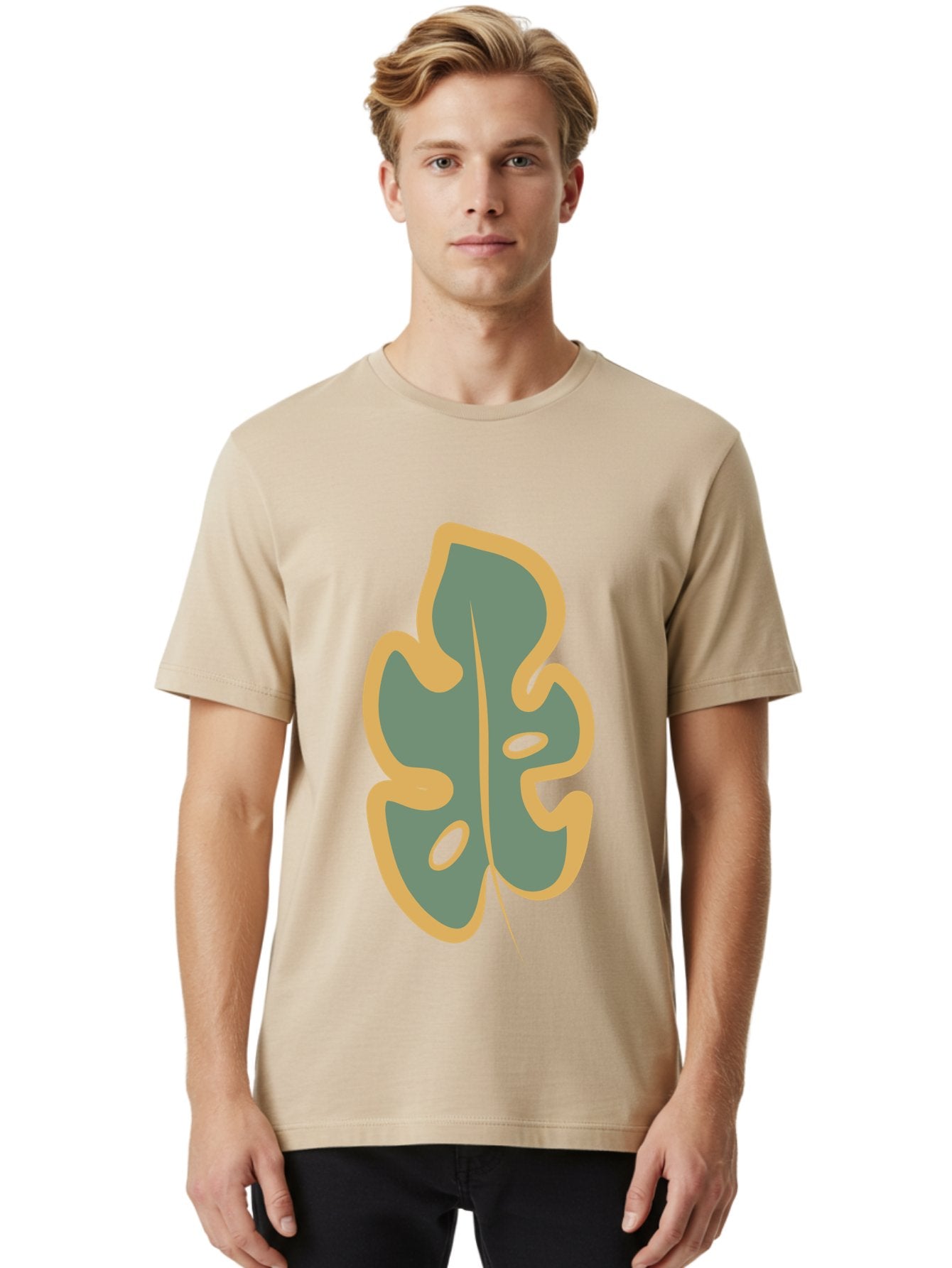 Monstera-Leaf Men'S Graphic Tee, 100% Cotton, Comfortable Casual Summer Wear, Machine Washable, Simple Leaf Illustration, Minimalist Art, Gray And Yellow Colors, Natural Shapes, Organic Design, Botanical Elements, Leaf Pattern Aae031 25