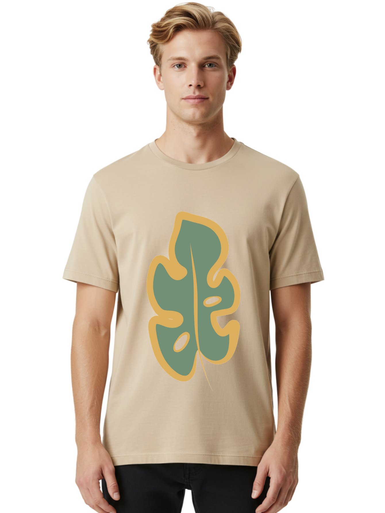 Monstera-Leaf Men'S Graphic Tee, 100% Cotton, Comfortable Casual Summer Wear, Machine Washable, Simple Leaf Illustration, Minimalist Art, Gray And Yellow Colors, Natural Shapes, Organic Design, Botanical Elements, Leaf Pattern Aae031 12