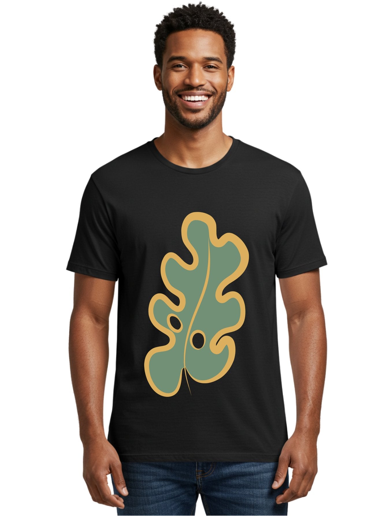 Oak-Leaf-1 Men'S Graphic Tee, 100% Cotton, Comfortable Casual Summer Wear, Machine Washable, Oak Leaf, Leaf Silhouette, Foliage Icon, Nature Symbol, Muted Green, Yellow Outline, Simple Graphic, Natural Design Aae033 21