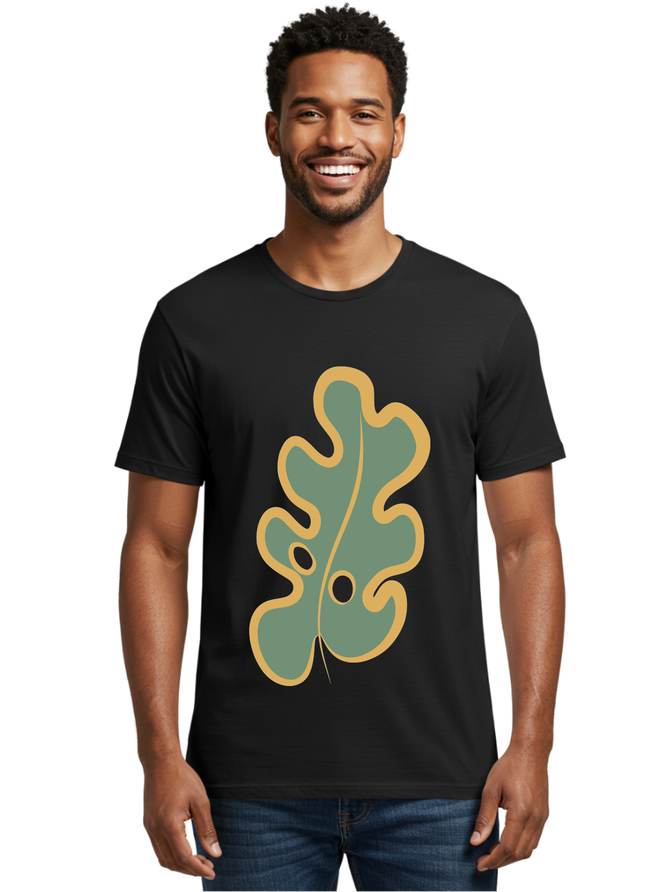 Oak-Leaf-1 Men'S Graphic Tee, 100% Cotton, Comfortable Casual Summer Wear, Machine Washable, Oak Leaf, Leaf Silhouette, Foliage Icon, Nature Symbol, Muted Green, Yellow Outline, Simple Graphic, Natural Design Aae033 20