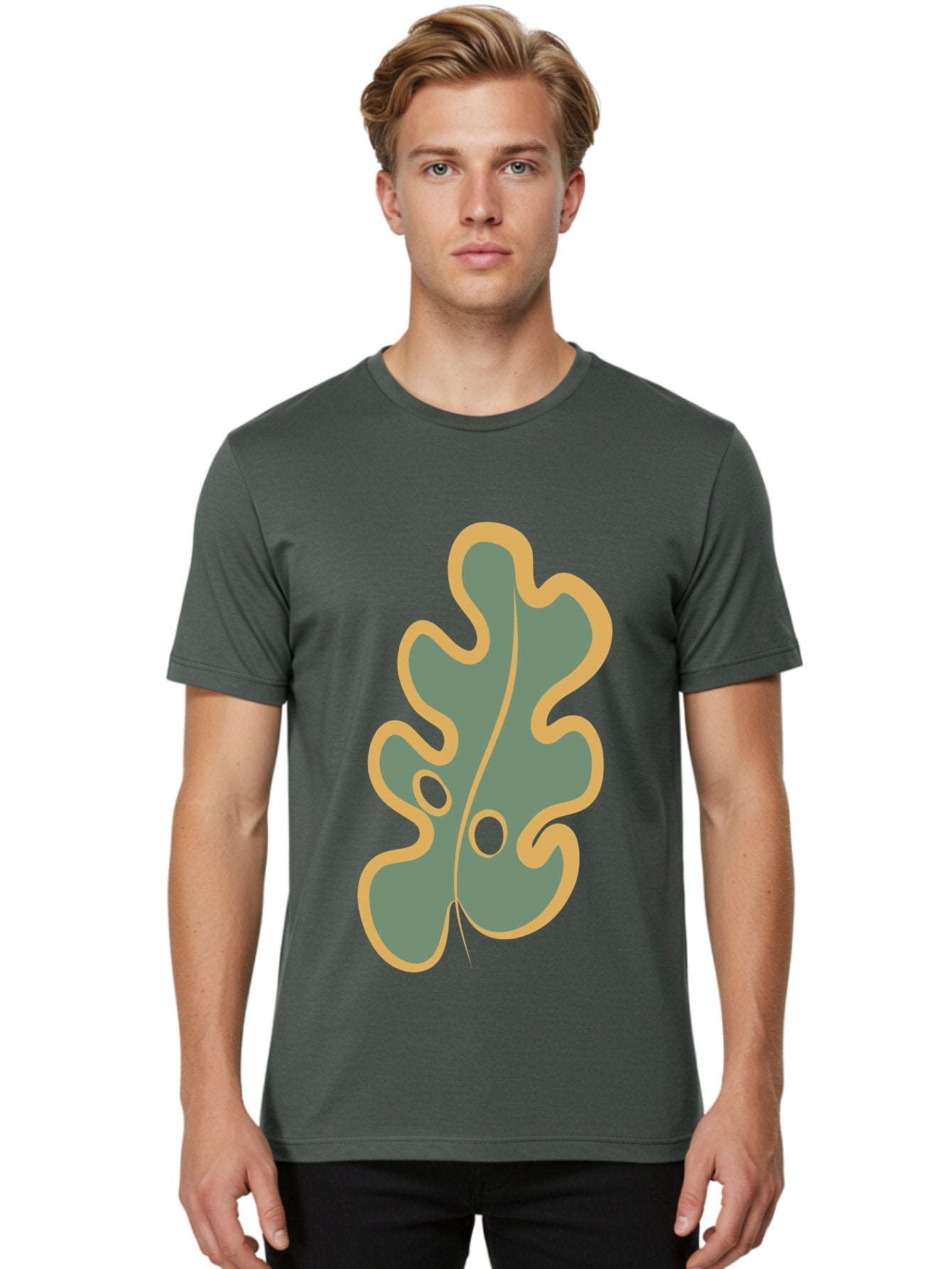 Oak-Leaf-1 Men'S Graphic Tee, 100% Cotton, Comfortable Casual Summer Wear, Machine Washable, Oak Leaf, Leaf Silhouette, Foliage Icon, Nature Symbol, Muted Green, Yellow Outline, Simple Graphic, Natural Design Aae033 27