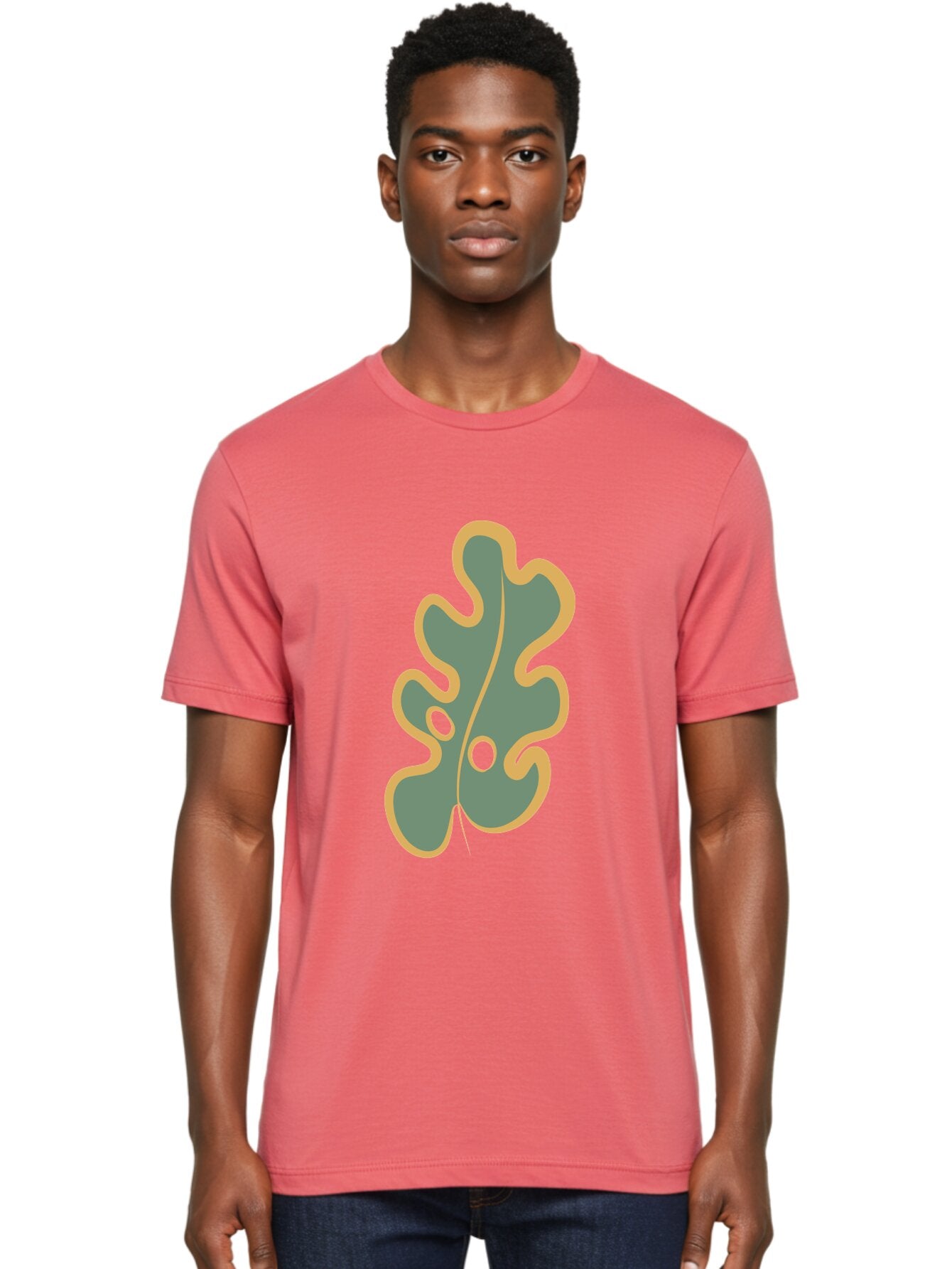 Oak-Leaf-1 Men'S Graphic Tee, 100% Cotton, Comfortable Casual Summer Wear, Machine Washable, Oak Leaf, Leaf Silhouette, Foliage Icon, Nature Symbol, Muted Green, Yellow Outline, Simple Graphic, Natural Design Aae033 29