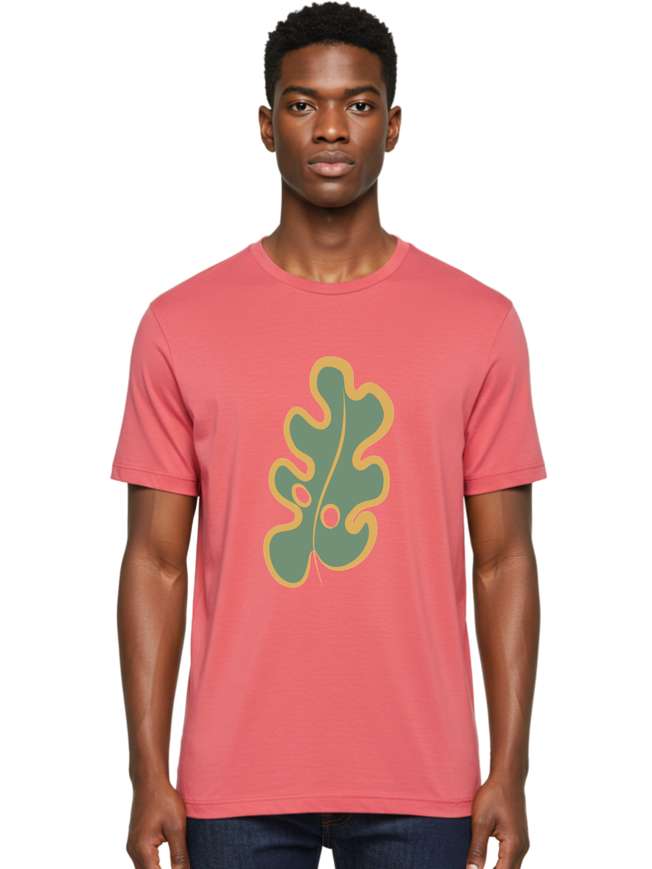 Oak-Leaf-1 Men'S Graphic Tee, 100% Cotton, Comfortable Casual Summer Wear, Machine Washable, Oak Leaf, Leaf Silhouette, Foliage Icon, Nature Symbol, Muted Green, Yellow Outline, Simple Graphic, Natural Design Aae033 4