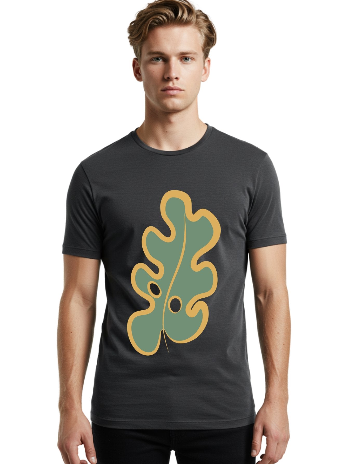 Oak-Leaf-1 Men'S Graphic Tee, 100% Cotton, Comfortable Casual Summer Wear, Machine Washable, Oak Leaf, Leaf Silhouette, Foliage Icon, Nature Symbol, Muted Green, Yellow Outline, Simple Graphic, Natural Design Aae033 22