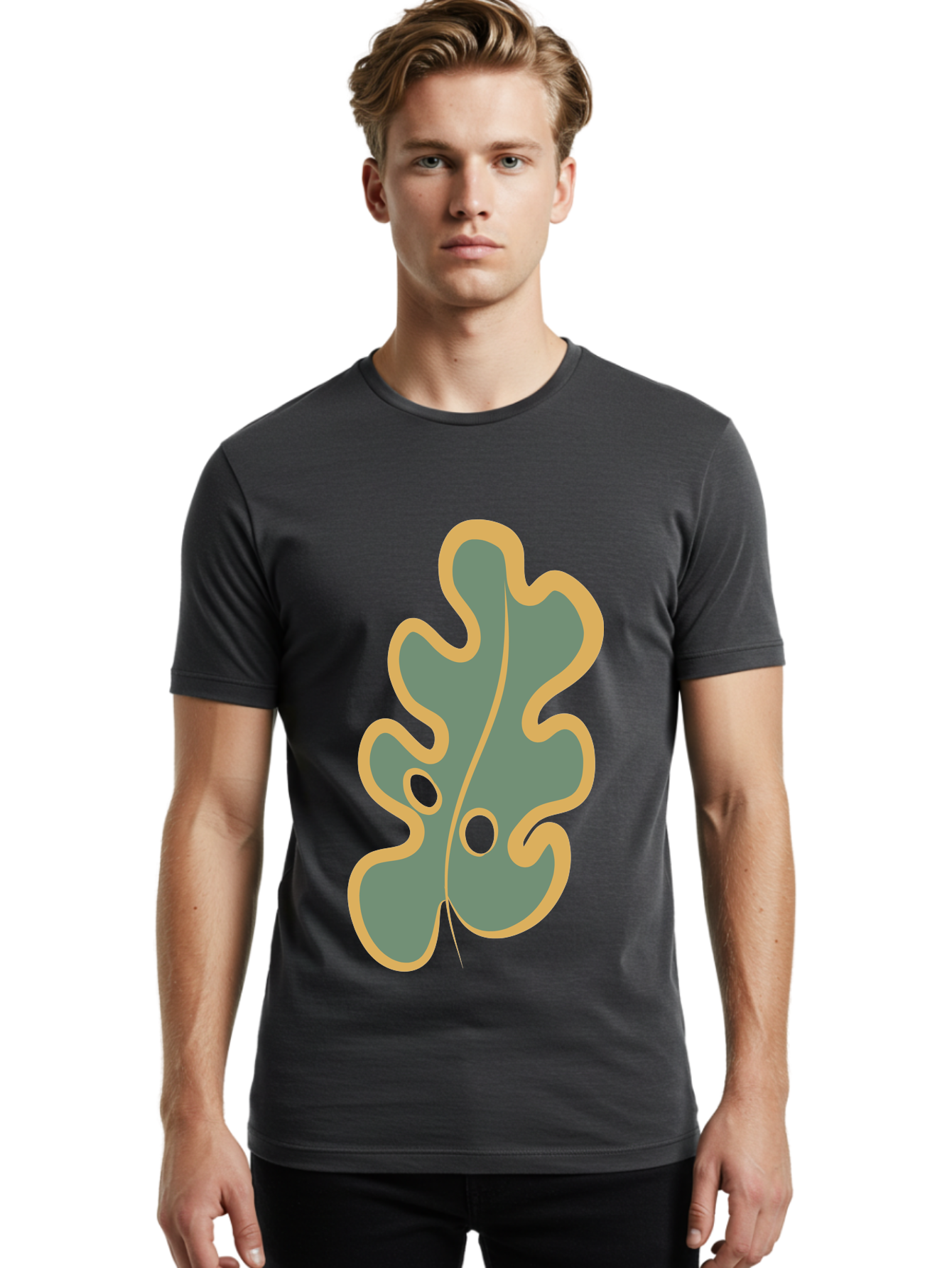 Oak-Leaf-1 Men'S Graphic Tee, 100% Cotton, Comfortable Casual Summer Wear, Machine Washable, Oak Leaf, Leaf Silhouette, Foliage Icon, Nature Symbol, Muted Green, Yellow Outline, Simple Graphic, Natural Design Aae033 18