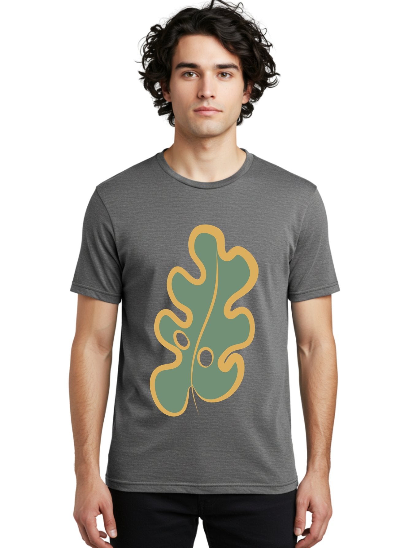 Oak-Leaf-1 Men'S Graphic Tee, 100% Cotton, Comfortable Casual Summer Wear, Machine Washable, Oak Leaf, Leaf Silhouette, Foliage Icon, Nature Symbol, Muted Green, Yellow Outline, Simple Graphic, Natural Design Aae033 28
