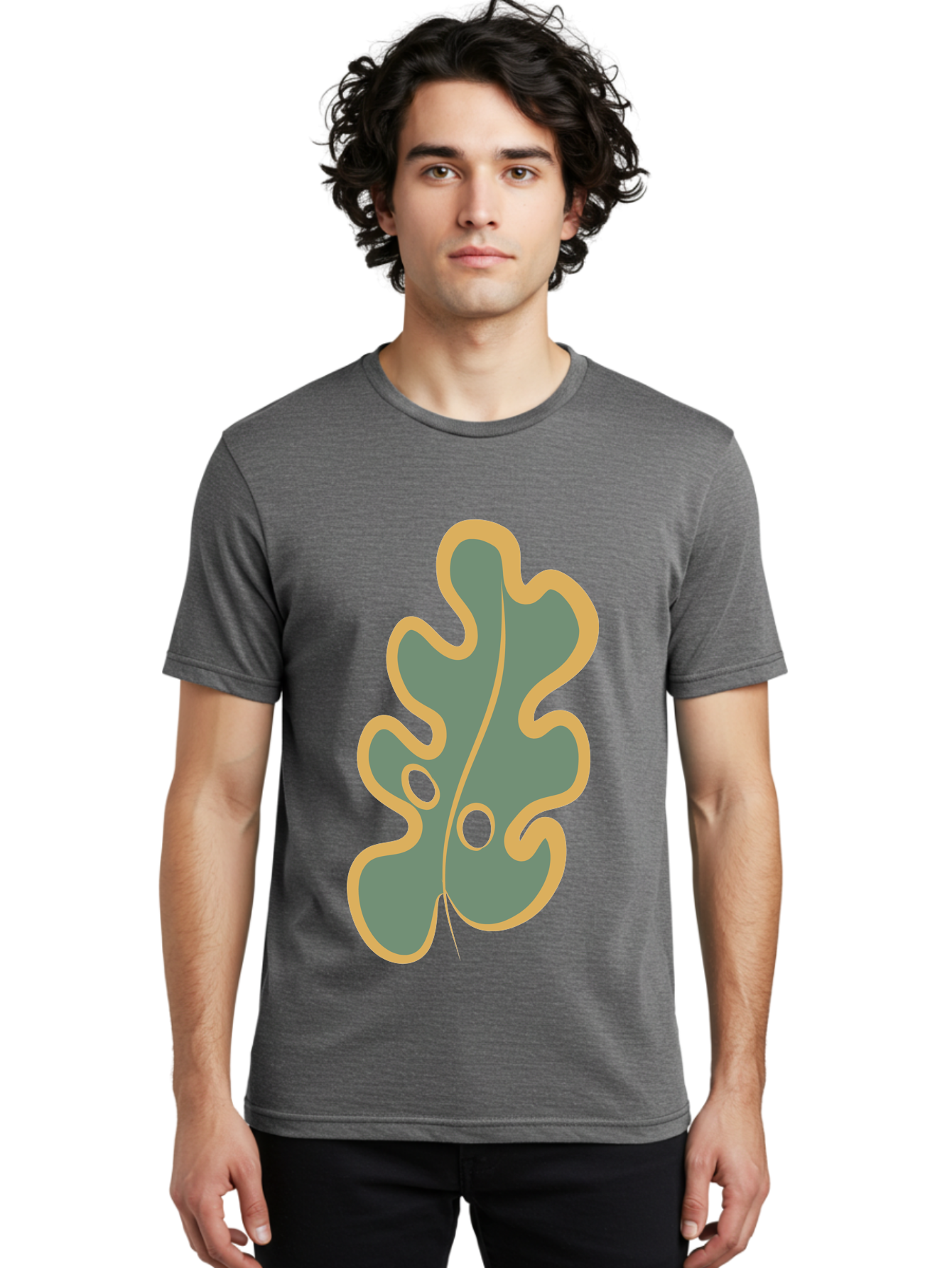 Oak-Leaf-1 Men'S Graphic Tee, 100% Cotton, Comfortable Casual Summer Wear, Machine Washable, Oak Leaf, Leaf Silhouette, Foliage Icon, Nature Symbol, Muted Green, Yellow Outline, Simple Graphic, Natural Design Aae033 6