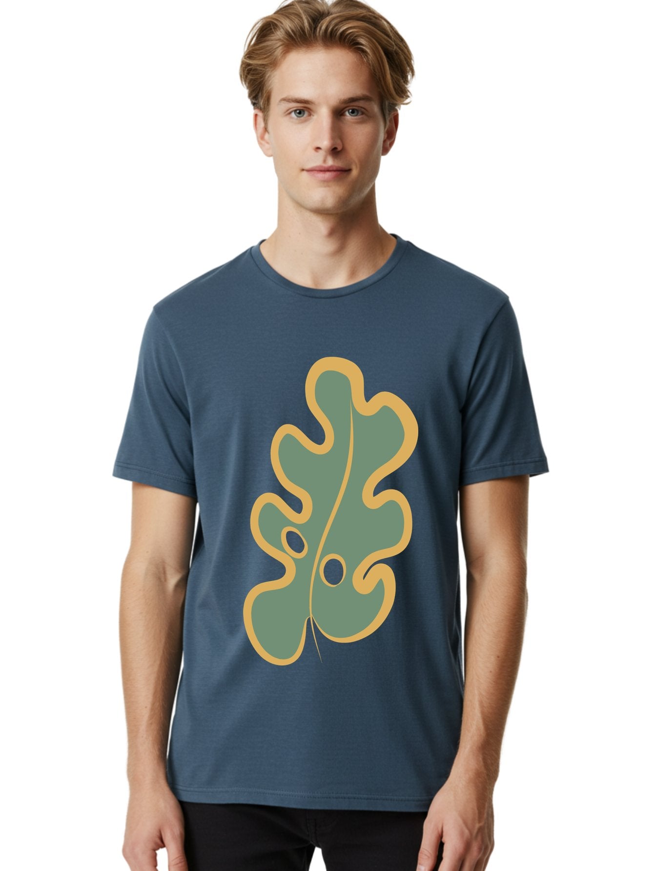 Oak-Leaf-1 Men'S Graphic Tee, 100% Cotton, Comfortable Casual Summer Wear, Machine Washable, Oak Leaf, Leaf Silhouette, Foliage Icon, Nature Symbol, Muted Green, Yellow Outline, Simple Graphic, Natural Design Aae033 16