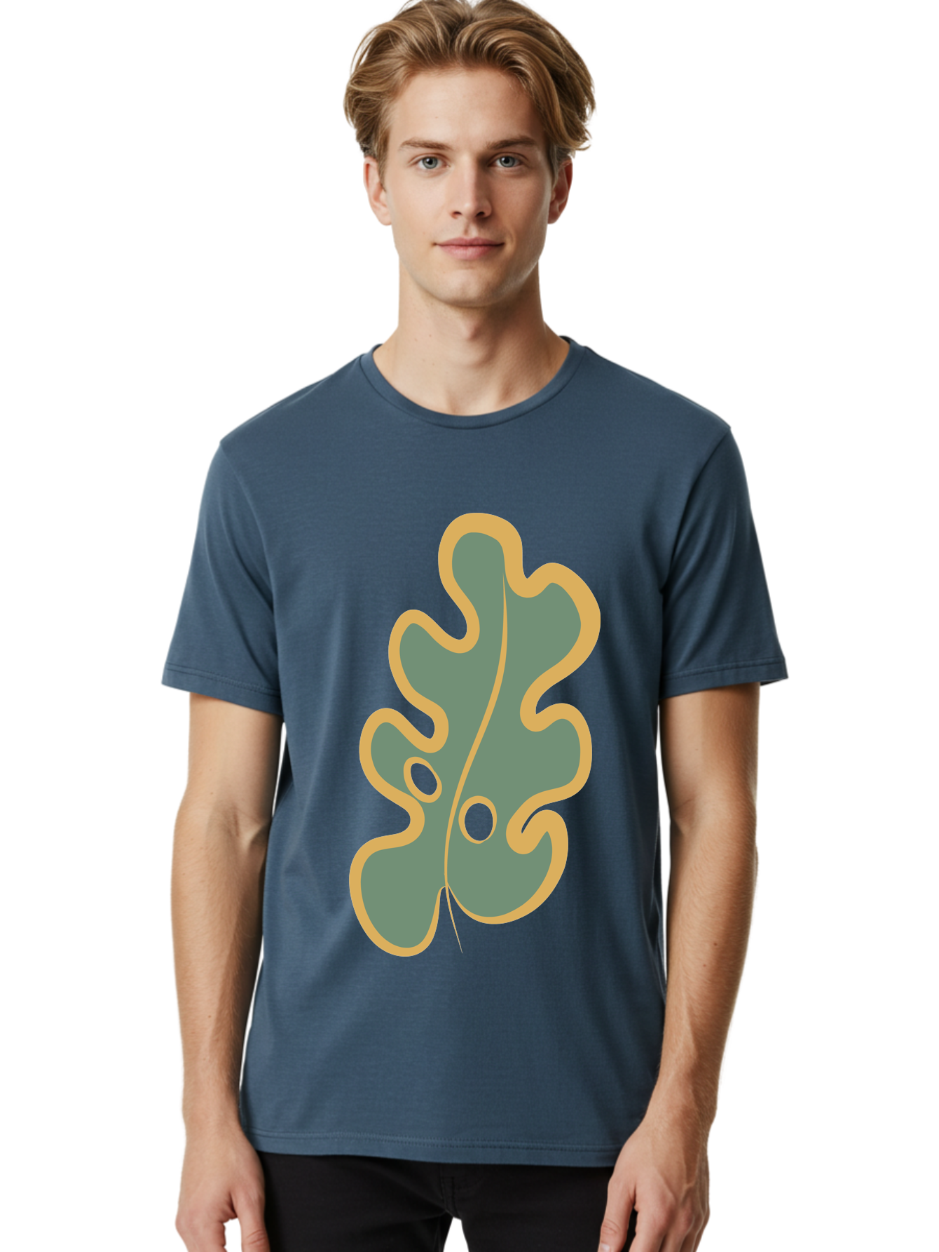 Oak-Leaf-1 Men'S Graphic Tee, 100% Cotton, Comfortable Casual Summer Wear, Machine Washable, Oak Leaf, Leaf Silhouette, Foliage Icon, Nature Symbol, Muted Green, Yellow Outline, Simple Graphic, Natural Design Aae033 26