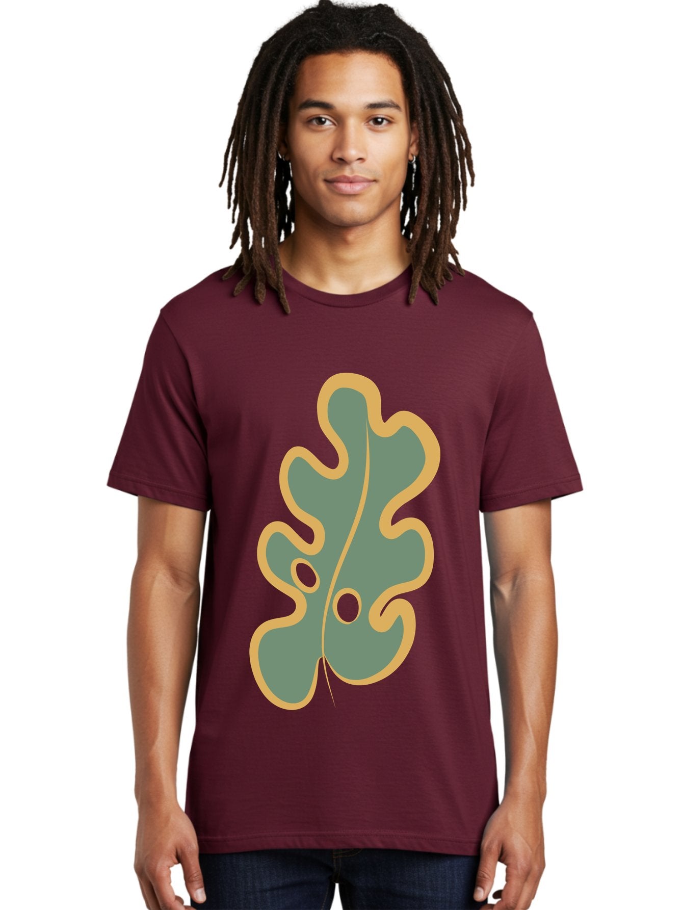 Oak-Leaf-1 Men'S Graphic Tee, 100% Cotton, Comfortable Casual Summer Wear, Machine Washable, Oak Leaf, Leaf Silhouette, Foliage Icon, Nature Symbol, Muted Green, Yellow Outline, Simple Graphic, Natural Design Aae033 20