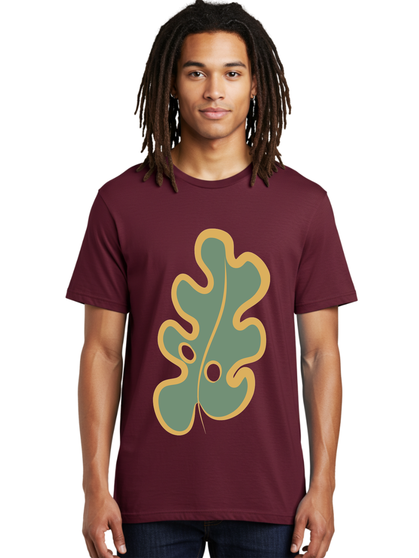 Oak-Leaf-1 Men'S Graphic Tee, 100% Cotton, Comfortable Casual Summer Wear, Machine Washable, Oak Leaf, Leaf Silhouette, Foliage Icon, Nature Symbol, Muted Green, Yellow Outline, Simple Graphic, Natural Design Aae033 30