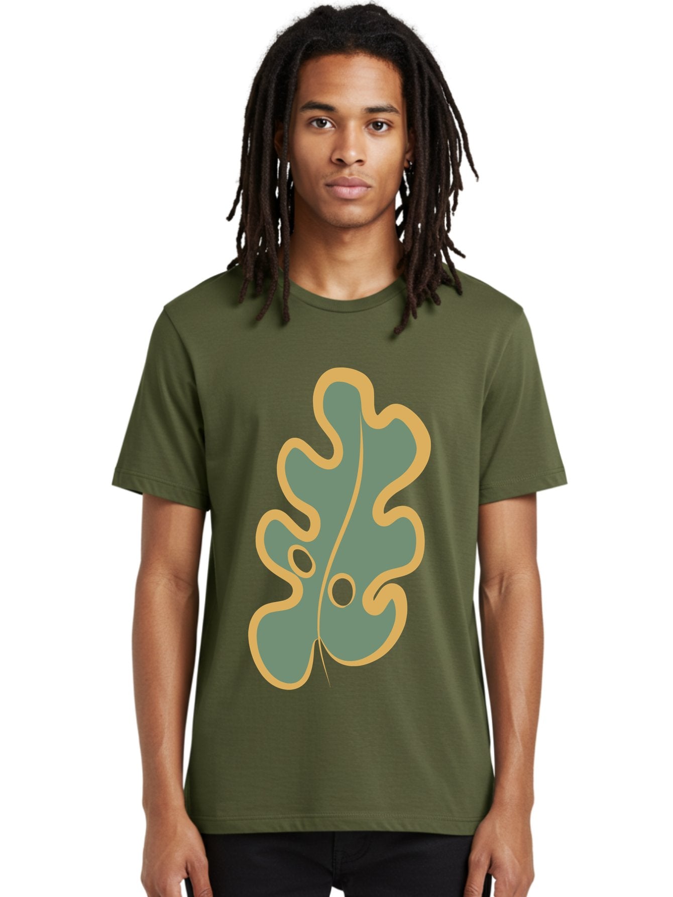 Oak-Leaf-1 Men'S Graphic Tee, 100% Cotton, Comfortable Casual Summer Wear, Machine Washable, Oak Leaf, Leaf Silhouette, Foliage Icon, Nature Symbol, Muted Green, Yellow Outline, Simple Graphic, Natural Design Aae033 30