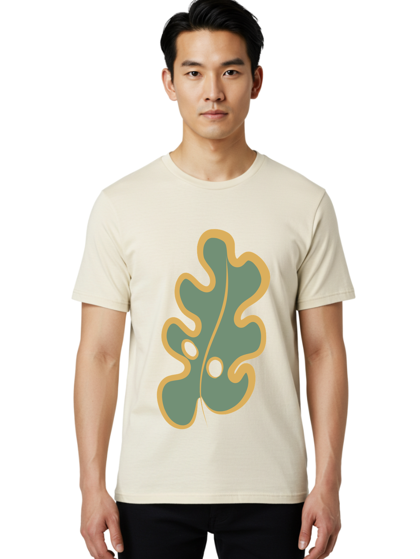 Oak-Leaf-1 Men'S Graphic Tee, 100% Cotton, Comfortable Casual Summer Wear, Machine Washable, Oak Leaf, Leaf Silhouette, Foliage Icon, Nature Symbol, Muted Green, Yellow Outline, Simple Graphic, Natural Design Aae033 12