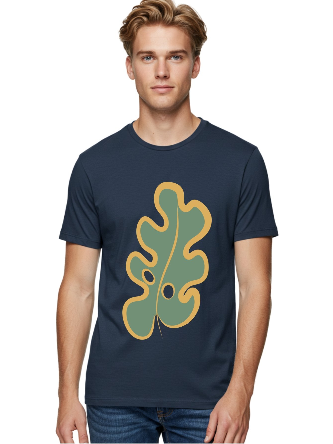 Oak-Leaf-1 Men'S Graphic Tee, 100% Cotton, Comfortable Casual Summer Wear, Machine Washable, Oak Leaf, Leaf Silhouette, Foliage Icon, Nature Symbol, Muted Green, Yellow Outline, Simple Graphic, Natural Design Aae033 26