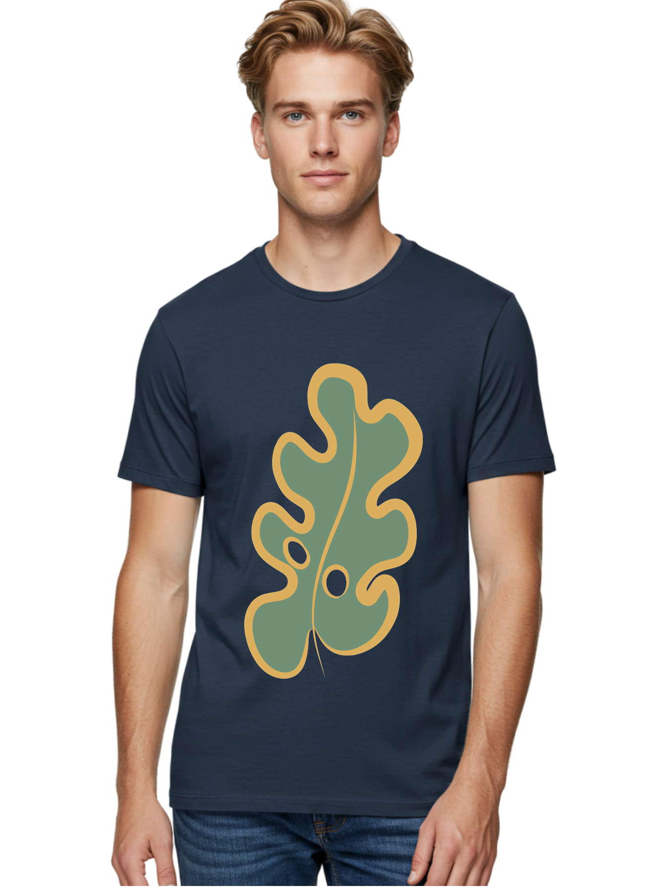 Oak-Leaf-1 Men'S Graphic Tee, 100% Cotton, Comfortable Casual Summer Wear, Machine Washable, Oak Leaf, Leaf Silhouette, Foliage Icon, Nature Symbol, Muted Green, Yellow Outline, Simple Graphic, Natural Design Aae033 10