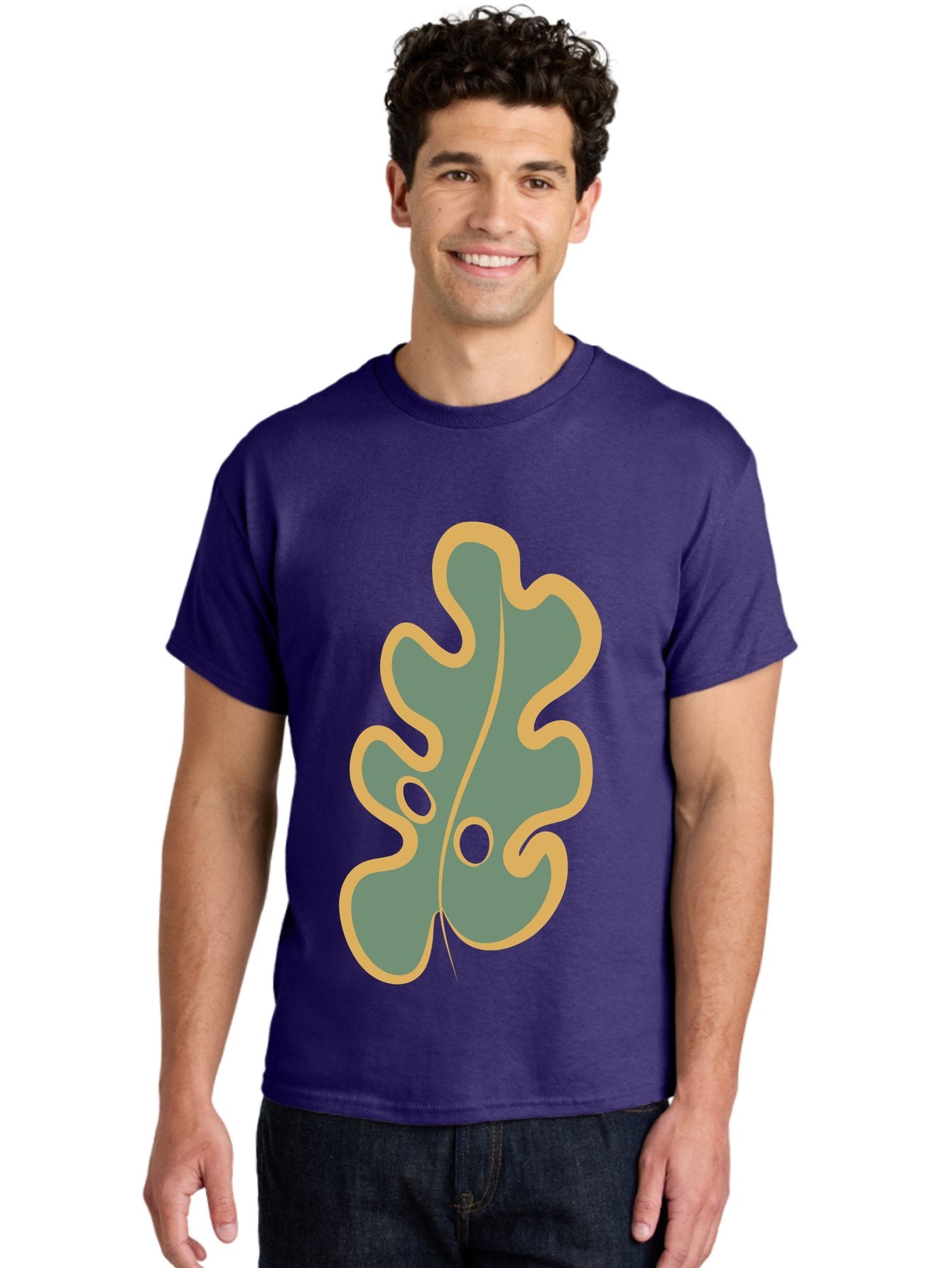 Oak-Leaf-1 Men'S Graphic Tee, 100% Cotton, Comfortable Casual Summer Wear, Machine Washable, Oak Leaf, Leaf Silhouette, Foliage Icon, Nature Symbol, Muted Green, Yellow Outline, Simple Graphic, Natural Design Aae033 19