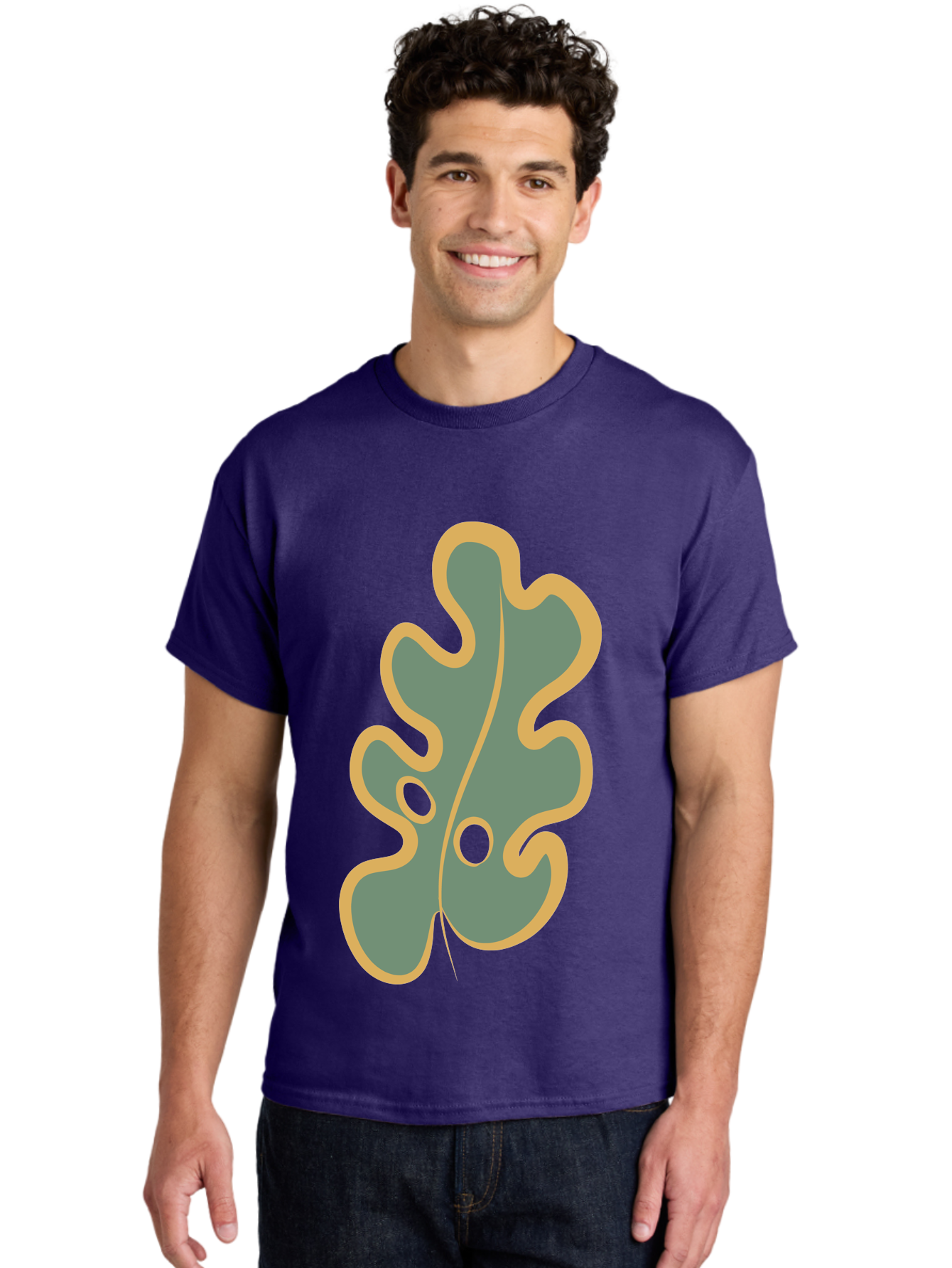Oak-Leaf-1 Men'S Graphic Tee, 100% Cotton, Comfortable Casual Summer Wear, Machine Washable, Oak Leaf, Leaf Silhouette, Foliage Icon, Nature Symbol, Muted Green, Yellow Outline, Simple Graphic, Natural Design Aae033 22
