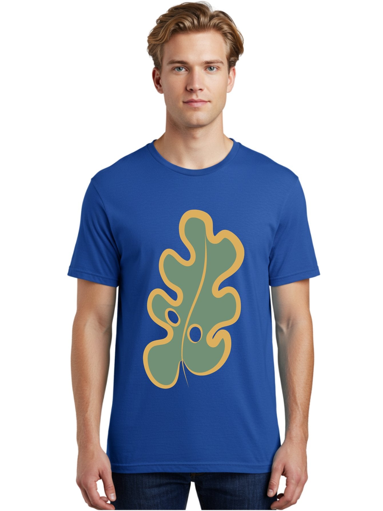 Oak-Leaf-1 Men'S Graphic Tee, 100% Cotton, Comfortable Casual Summer Wear, Machine Washable, Oak Leaf, Leaf Silhouette, Foliage Icon, Nature Symbol, Muted Green, Yellow Outline, Simple Graphic, Natural Design Aae033 24