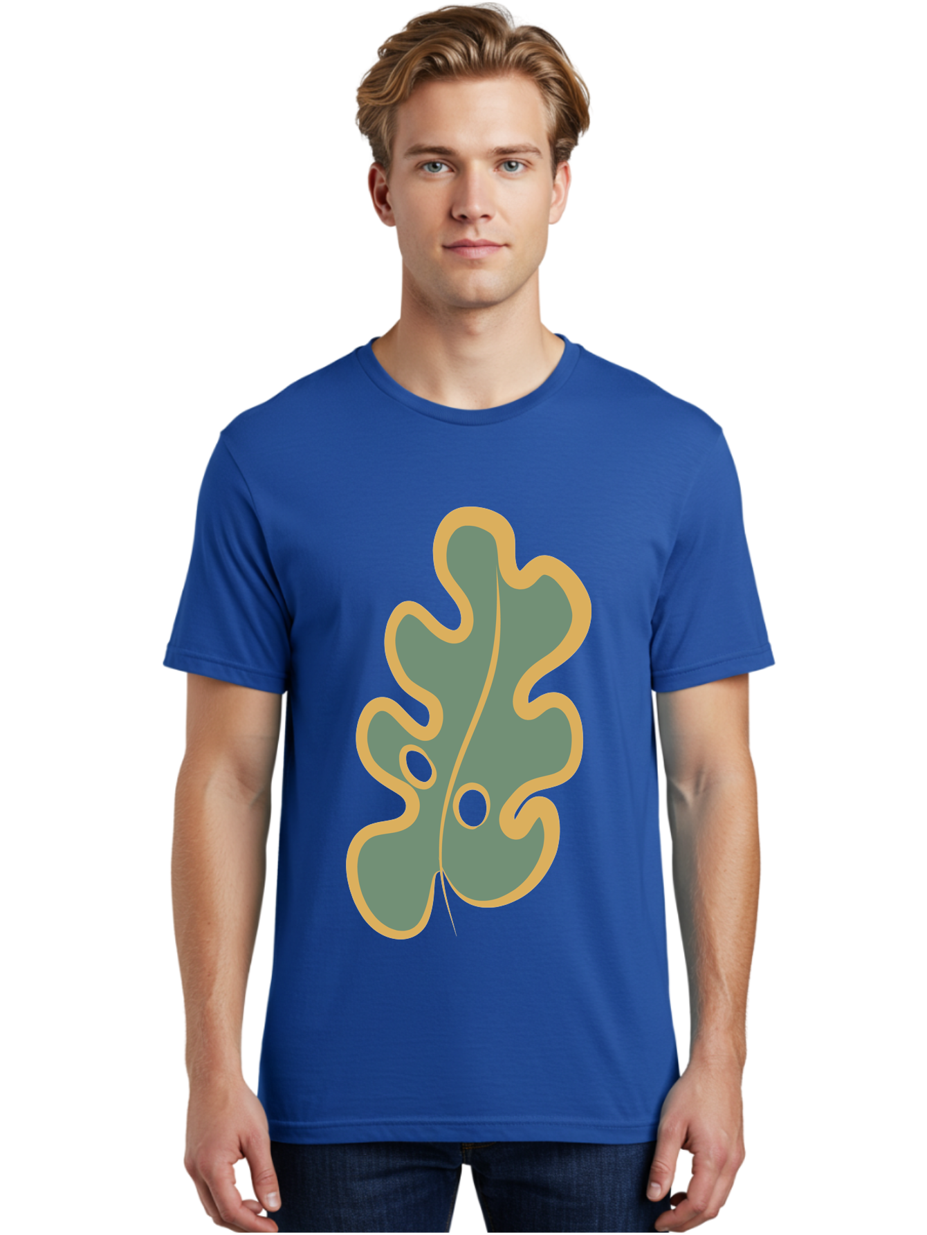 Oak-Leaf-1 Men'S Graphic Tee, 100% Cotton, Comfortable Casual Summer Wear, Machine Washable, Oak Leaf, Leaf Silhouette, Foliage Icon, Nature Symbol, Muted Green, Yellow Outline, Simple Graphic, Natural Design Aae033 14