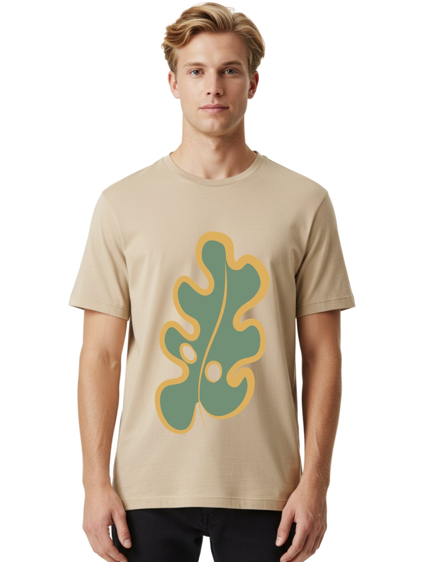 Oak-Leaf-1 Men'S Graphic Tee, 100% Cotton, Comfortable Casual Summer Wear, Machine Washable, Oak Leaf, Leaf Silhouette, Foliage Icon, Nature Symbol, Muted Green, Yellow Outline, Simple Graphic, Natural Design Aae033 18