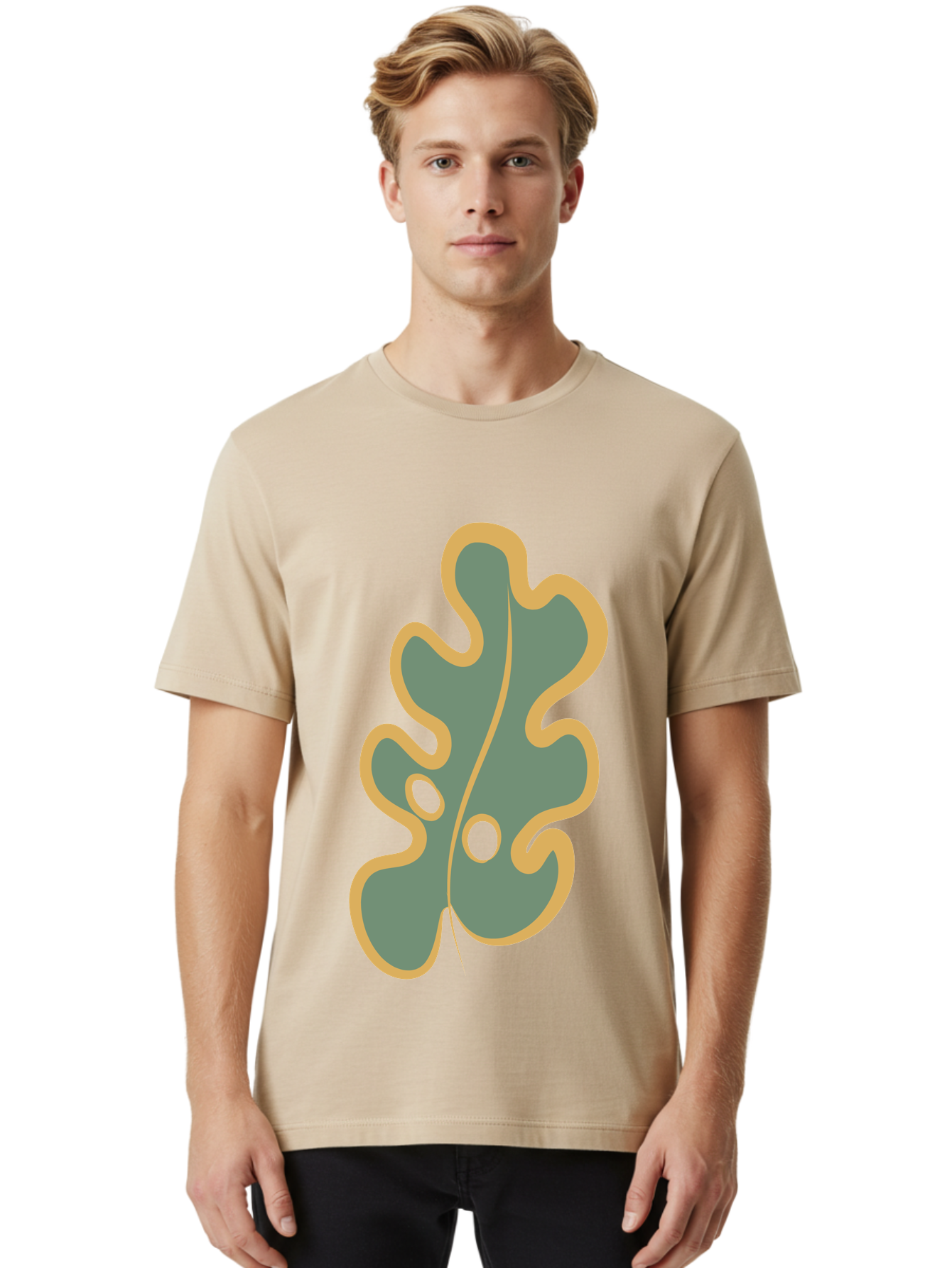 Oak-Leaf-1 Men'S Graphic Tee, 100% Cotton, Comfortable Casual Summer Wear, Machine Washable, Oak Leaf, Leaf Silhouette, Foliage Icon, Nature Symbol, Muted Green, Yellow Outline, Simple Graphic, Natural Design Aae033 24