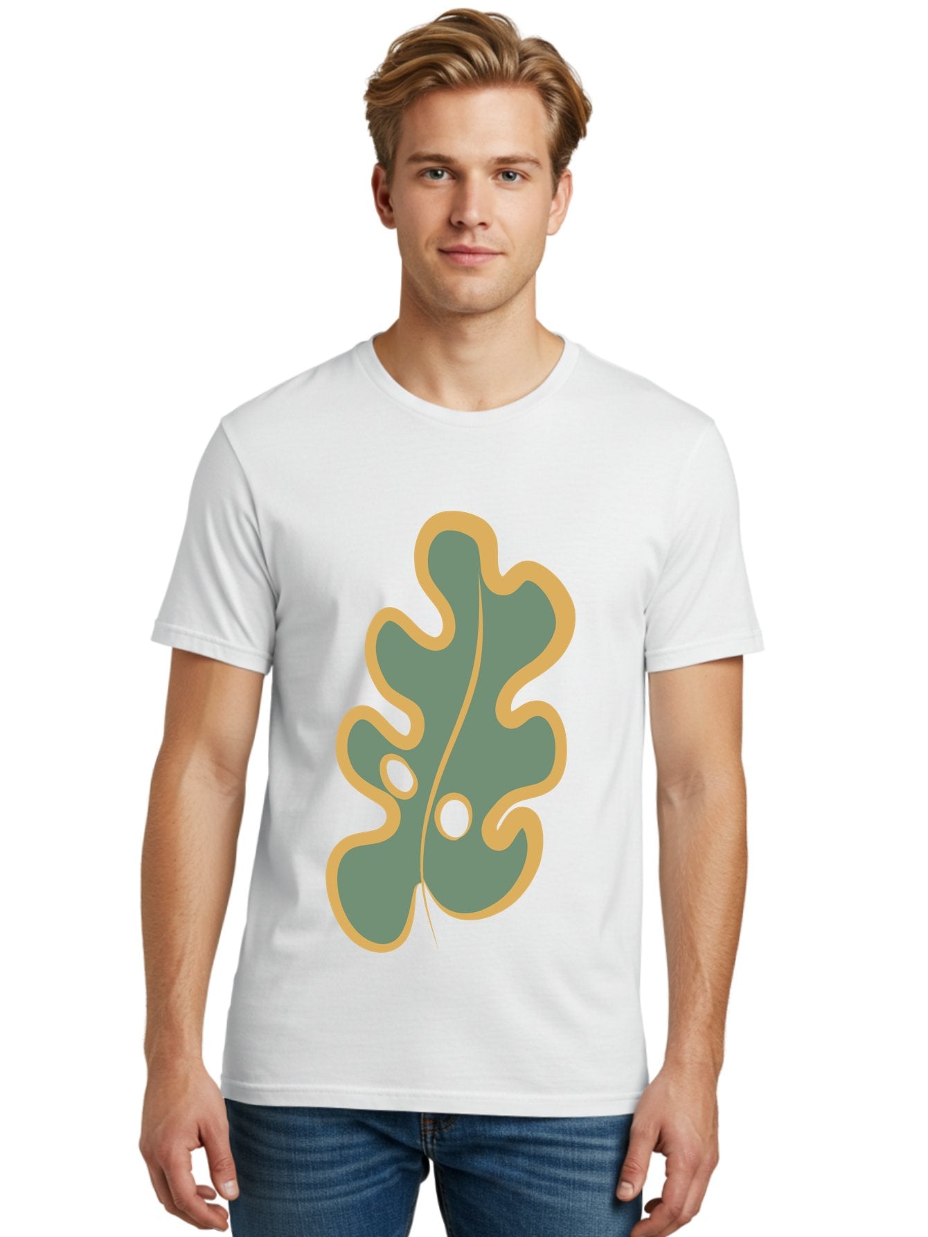 Oak-Leaf-1 Men'S Graphic Tee, 100% Cotton, Comfortable Casual Summer Wear, Machine Washable, Oak Leaf, Leaf Silhouette, Foliage Icon, Nature Symbol, Muted Green, Yellow Outline, Simple Graphic, Natural Design Aae033 23