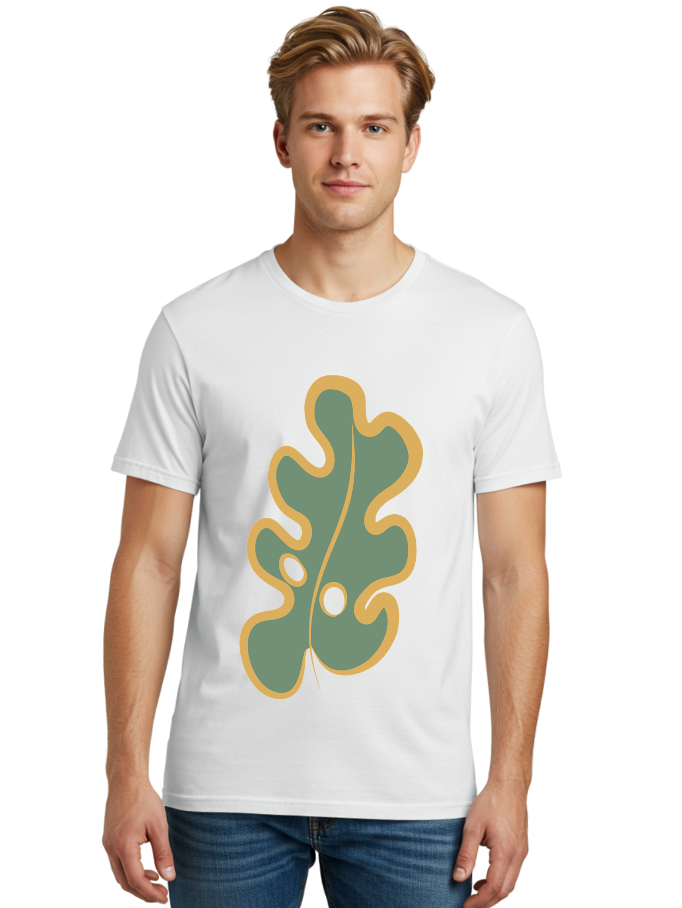 Oak-Leaf-1 Men'S Graphic Tee, 100% Cotton, Comfortable Casual Summer Wear, Machine Washable, Oak Leaf, Leaf Silhouette, Foliage Icon, Nature Symbol, Muted Green, Yellow Outline, Simple Graphic, Natural Design Aae033 16