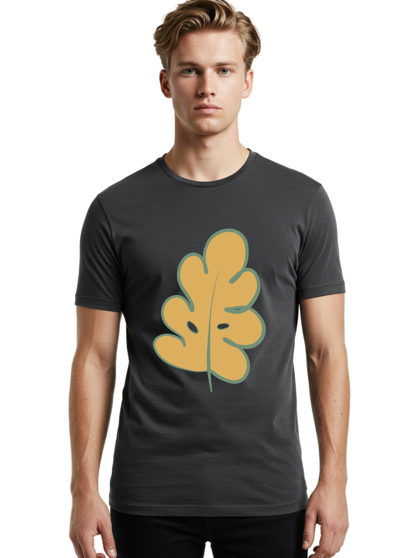 Oak-Leaf Men'S Graphic Tee, 100% Cotton, Comfortable Casual Summer Wear, Machine Washable, Oak Leaf, Cartoon Leaf, Autumn Foliage, Fall Colors, Nature Illustration, Simple Graphic, Leaf Design, Orange Leaf Aae034 16