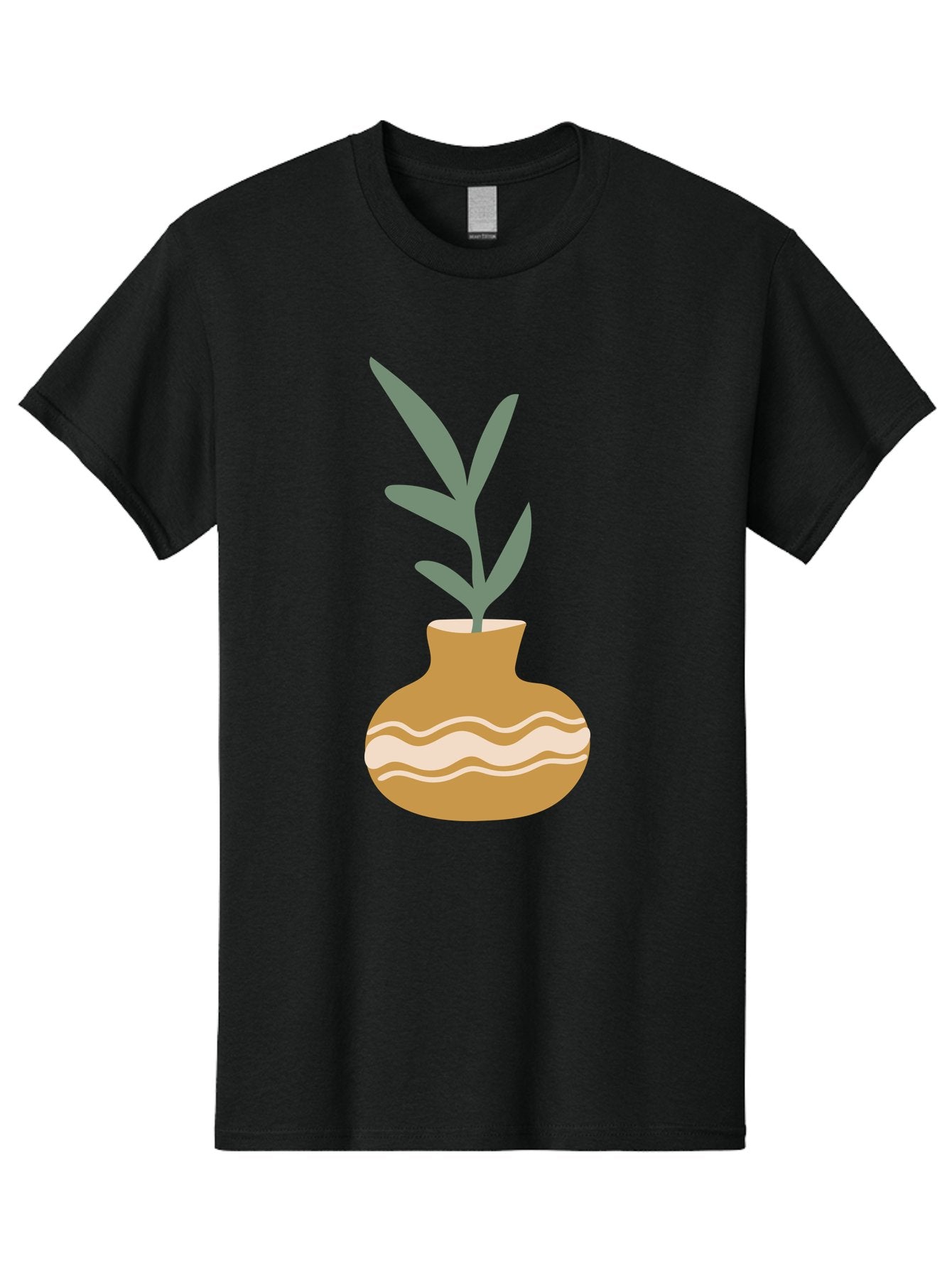 Pot-With-Plant Men'S Graphic Tee, 100% Cotton, Comfortable Casual Summer Wear, Machine Washable, Tan Pot, Wavy Lines, White Accents, Leaves, Plant, Ceramic, Earthy Tones, Simple Design, Botanical Illustration Aae045 14