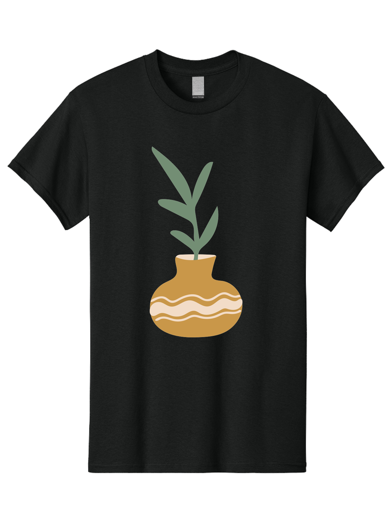 Pot-With-Plant Men'S Graphic Tee, 100% Cotton, Comfortable Casual Summer Wear, Machine Washable, Tan Pot, Wavy Lines, White Accents, Leaves, Plant, Ceramic, Earthy Tones, Simple Design, Botanical Illustration Aae045 3