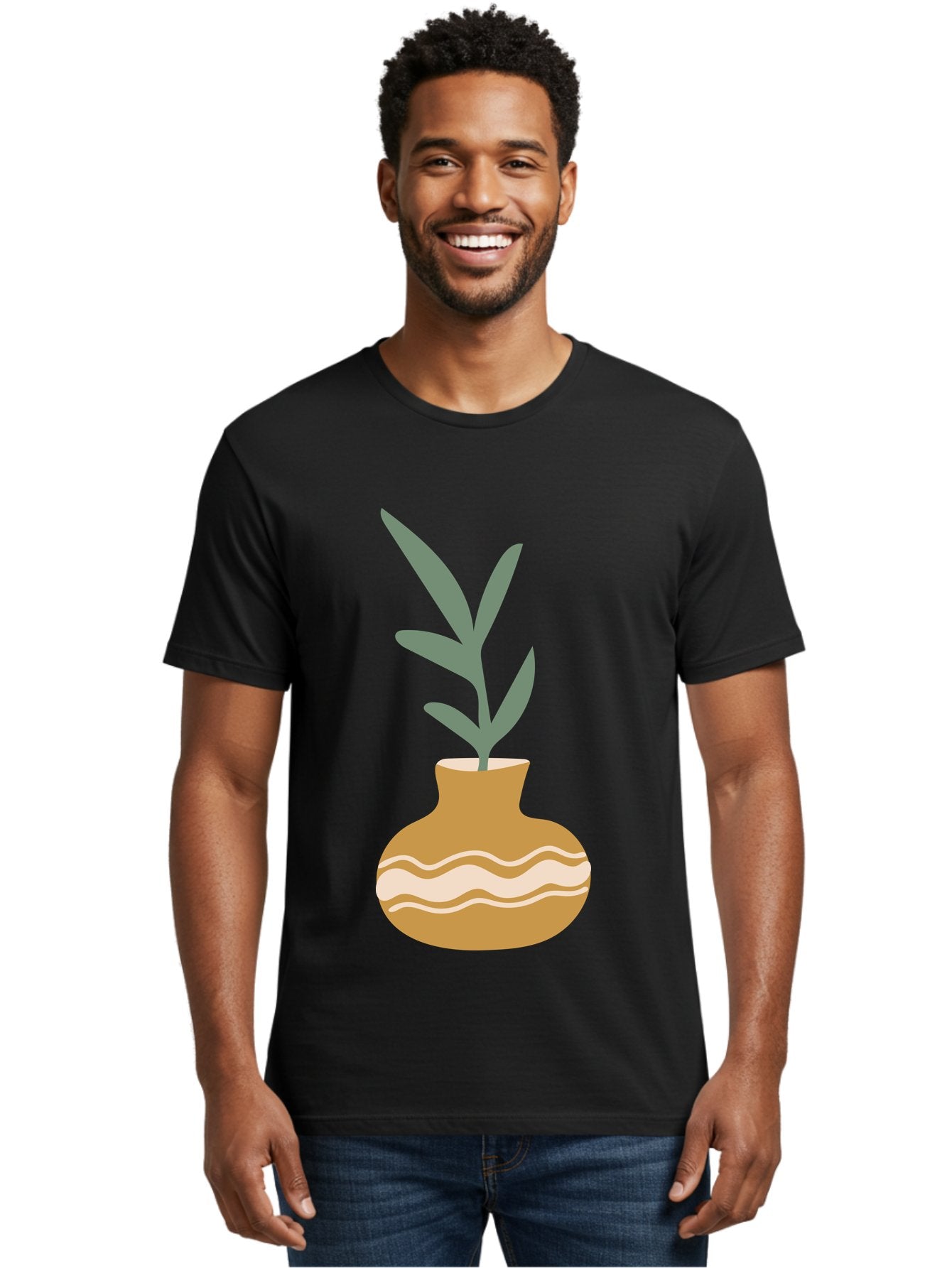 Pot-With-Plant Men'S Graphic Tee, 100% Cotton, Comfortable Casual Summer Wear, Machine Washable, Tan Pot, Wavy Lines, White Accents, Leaves, Plant, Ceramic, Earthy Tones, Simple Design, Botanical Illustration Aae045 29