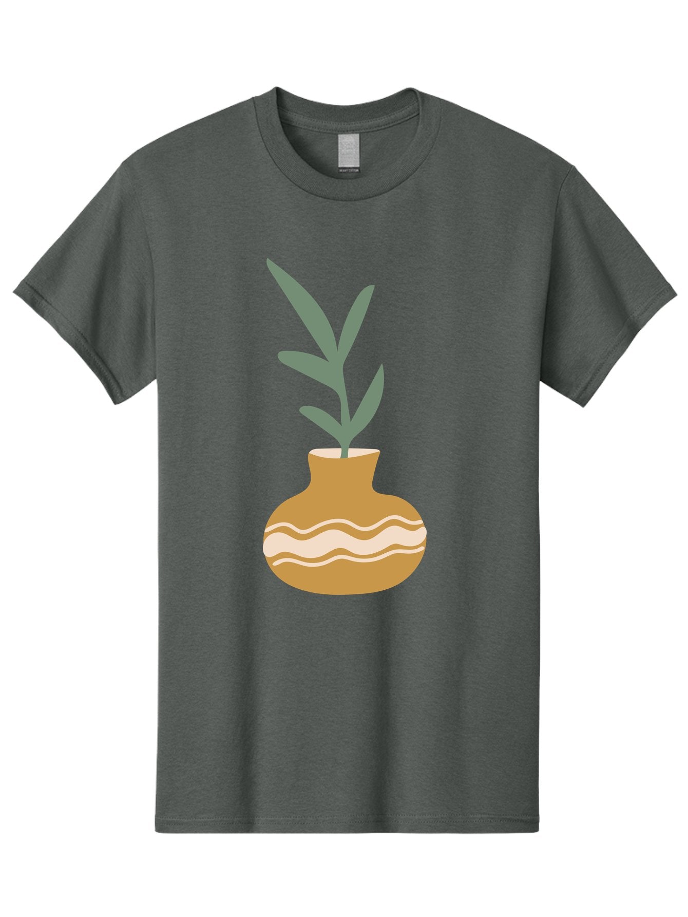 Pot-With-Plant Men'S Graphic Tee, 100% Cotton, Comfortable Casual Summer Wear, Machine Washable, Tan Pot, Wavy Lines, White Accents, Leaves, Plant, Ceramic, Earthy Tones, Simple Design, Botanical Illustration Aae045 4