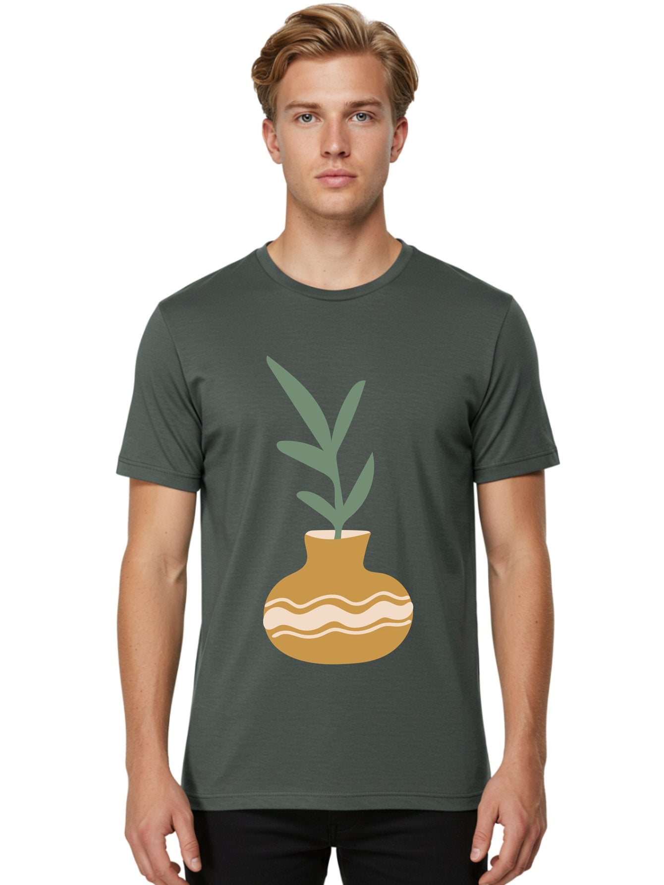 Pot-With-Plant Men'S Graphic Tee, 100% Cotton, Comfortable Casual Summer Wear, Machine Washable, Tan Pot, Wavy Lines, White Accents, Leaves, Plant, Ceramic, Earthy Tones, Simple Design, Botanical Illustration Aae045 18