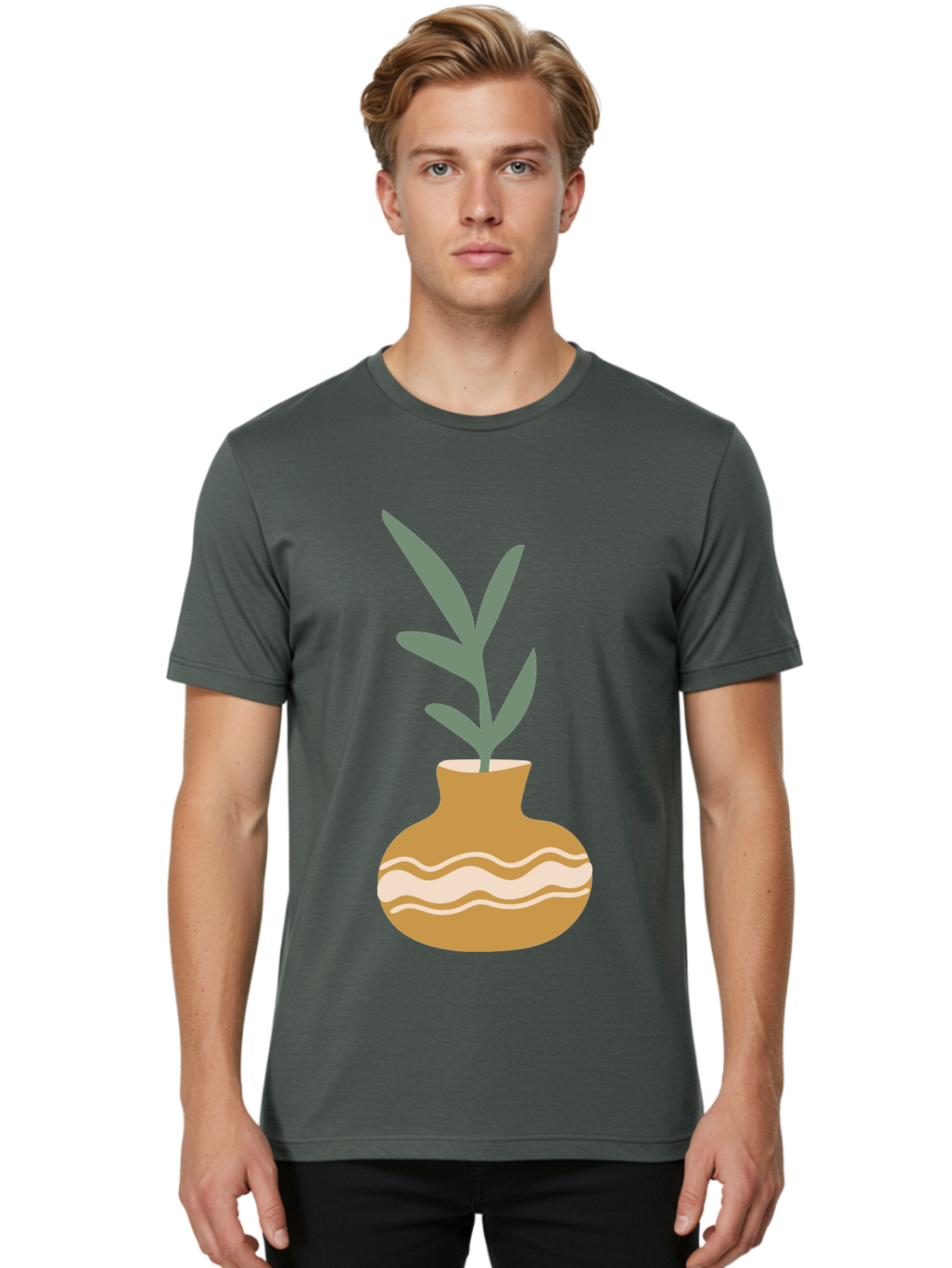 Pot-With-Plant Men'S Graphic Tee, 100% Cotton, Comfortable Casual Summer Wear, Machine Washable, Tan Pot, Wavy Lines, White Accents, Leaves, Plant, Ceramic, Earthy Tones, Simple Design, Botanical Illustration Aae045 24