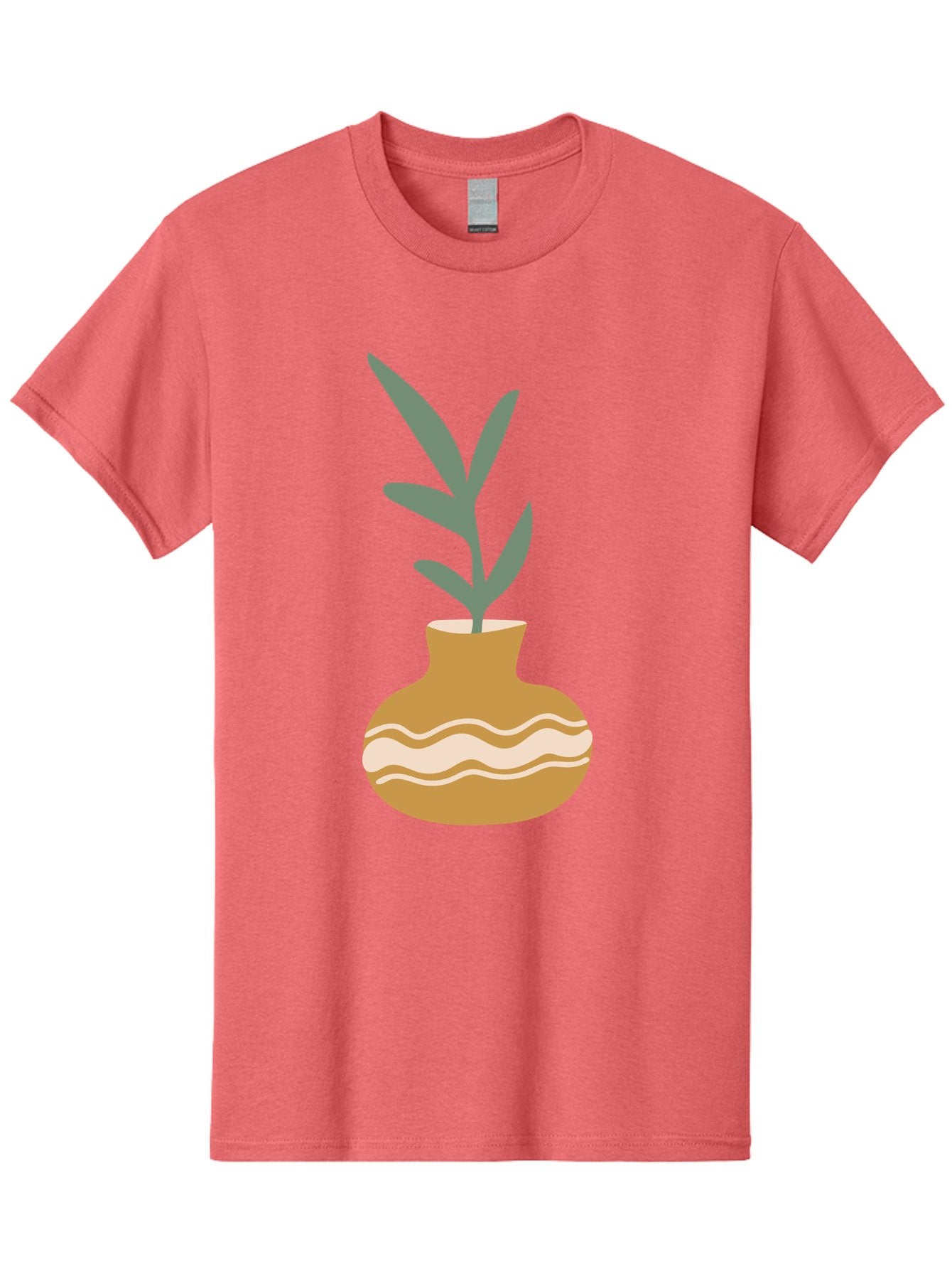 Pot-With-Plant Men'S Graphic Tee, 100% Cotton, Comfortable Casual Summer Wear, Machine Washable, Tan Pot, Wavy Lines, White Accents, Leaves, Plant, Ceramic, Earthy Tones, Simple Design, Botanical Illustration Aae045 13