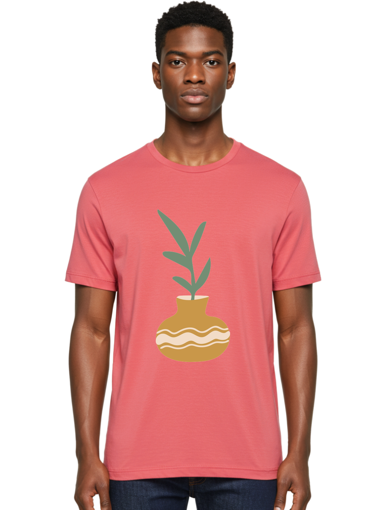 Pot-With-Plant Men'S Graphic Tee, 100% Cotton, Comfortable Casual Summer Wear, Machine Washable, Tan Pot, Wavy Lines, White Accents, Leaves, Plant, Ceramic, Earthy Tones, Simple Design, Botanical Illustration Aae045 30