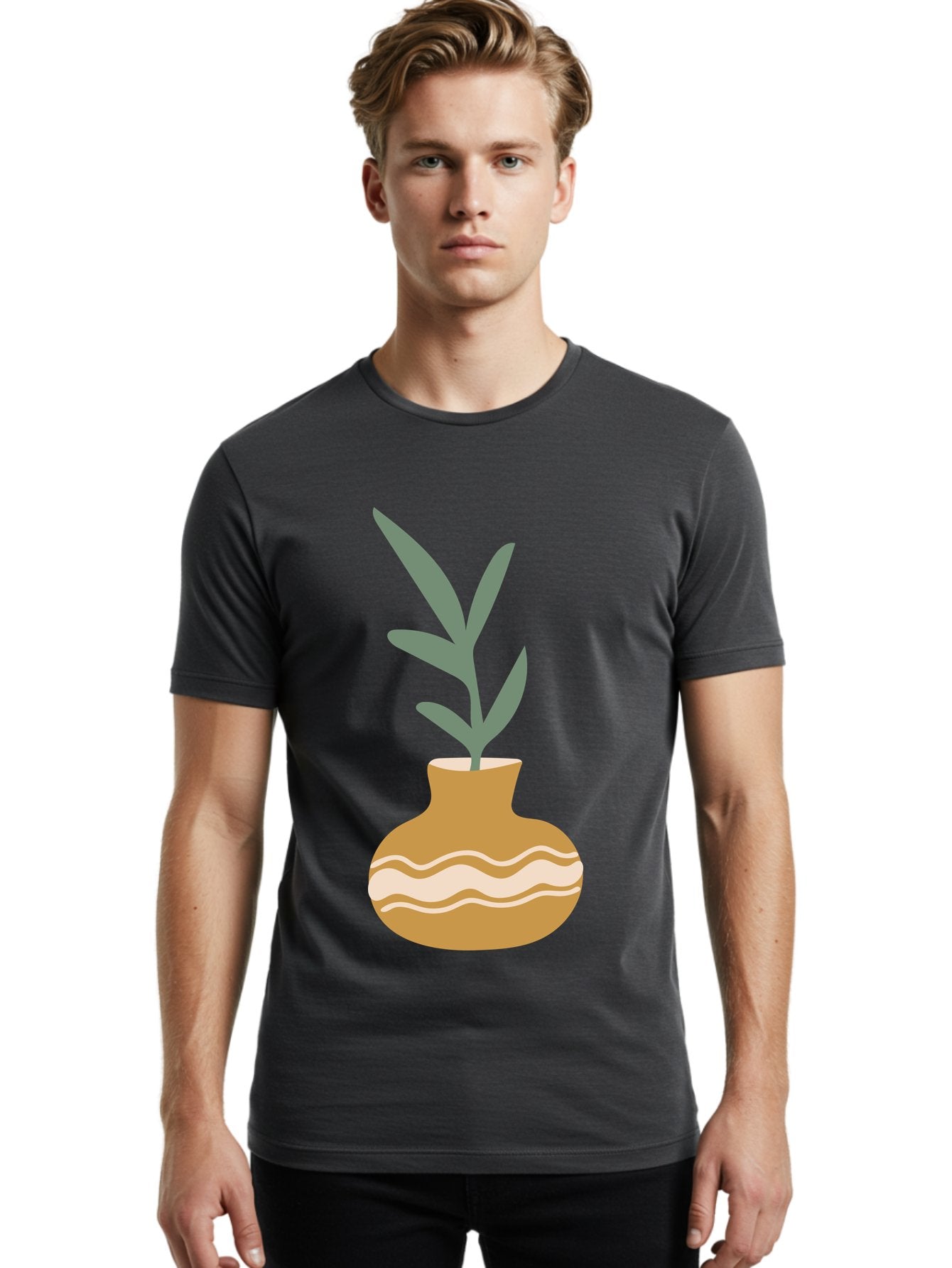 Pot-With-Plant Men'S Graphic Tee, 100% Cotton, Comfortable Casual Summer Wear, Machine Washable, Tan Pot, Wavy Lines, White Accents, Leaves, Plant, Ceramic, Earthy Tones, Simple Design, Botanical Illustration Aae045 24