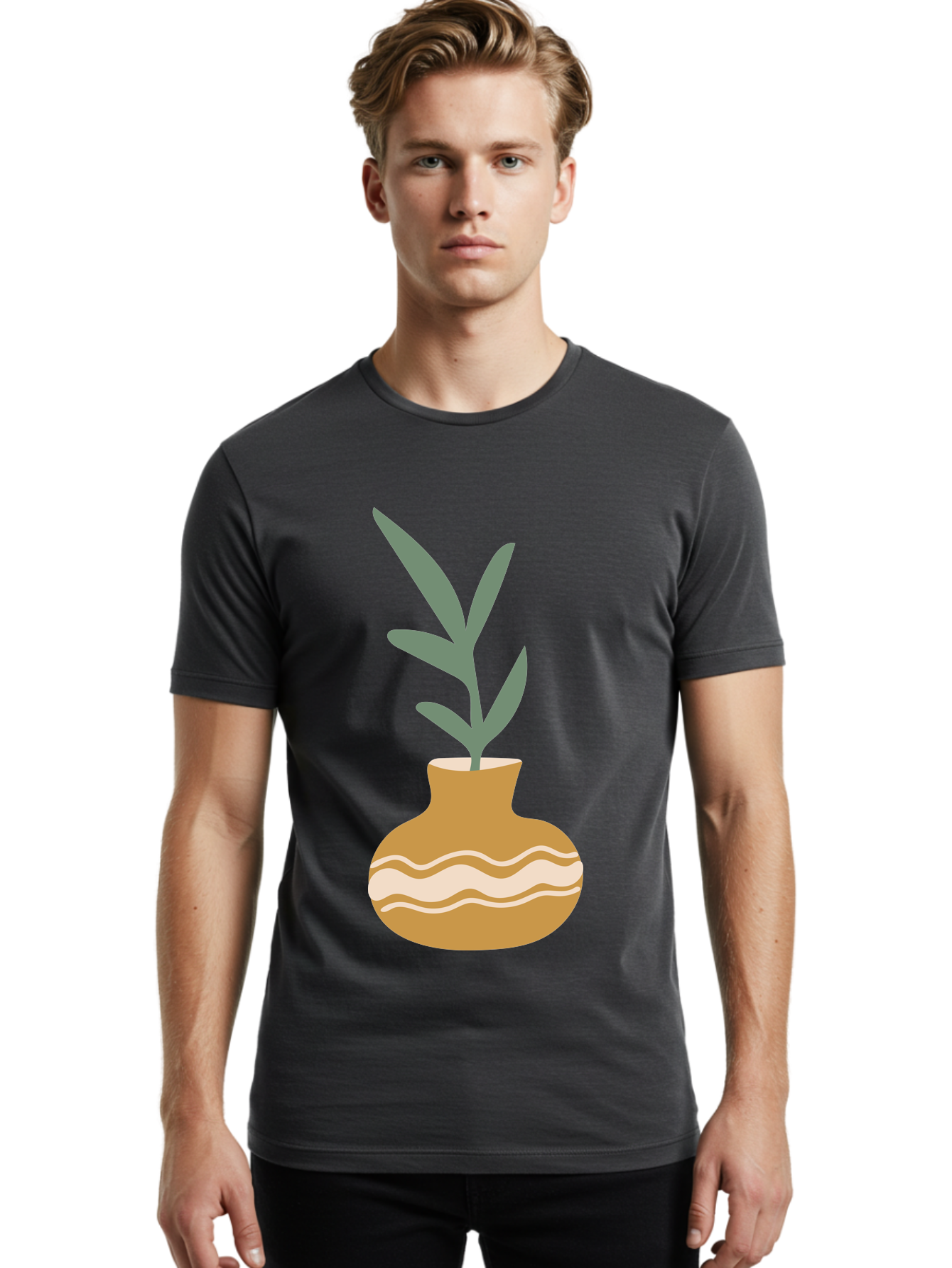 Pot-With-Plant Men'S Graphic Tee, 100% Cotton, Comfortable Casual Summer Wear, Machine Washable, Tan Pot, Wavy Lines, White Accents, Leaves, Plant, Ceramic, Earthy Tones, Simple Design, Botanical Illustration Aae045 14