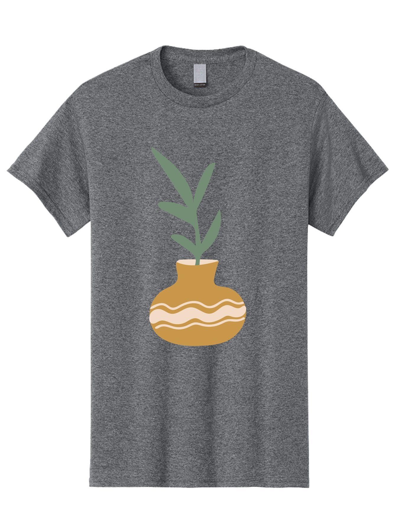 Pot-With-Plant Men'S Graphic Tee, 100% Cotton, Comfortable Casual Summer Wear, Machine Washable, Tan Pot, Wavy Lines, White Accents, Leaves, Plant, Ceramic, Earthy Tones, Simple Design, Botanical Illustration Aae045