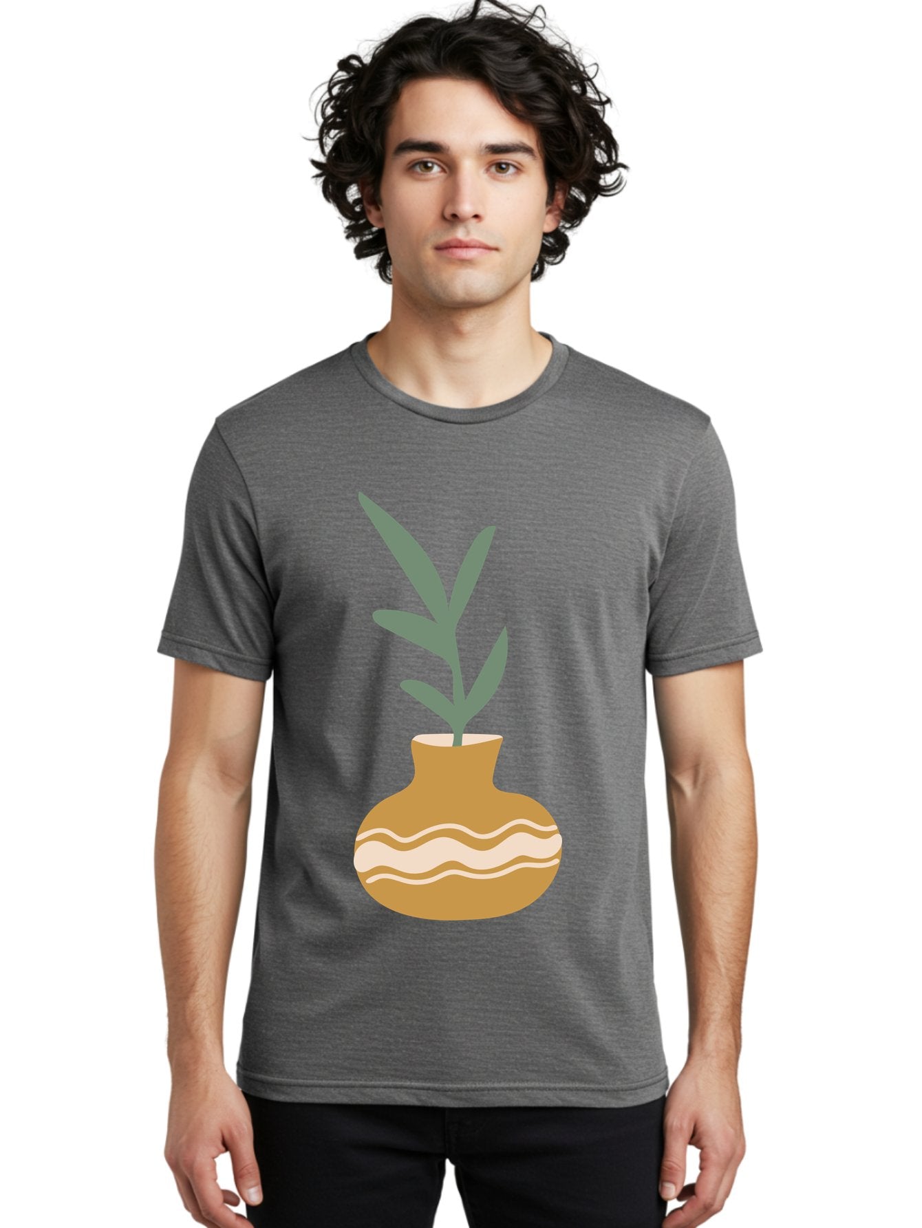 Pot-With-Plant Men'S Graphic Tee, 100% Cotton, Comfortable Casual Summer Wear, Machine Washable, Tan Pot, Wavy Lines, White Accents, Leaves, Plant, Ceramic, Earthy Tones, Simple Design, Botanical Illustration Aae045 19