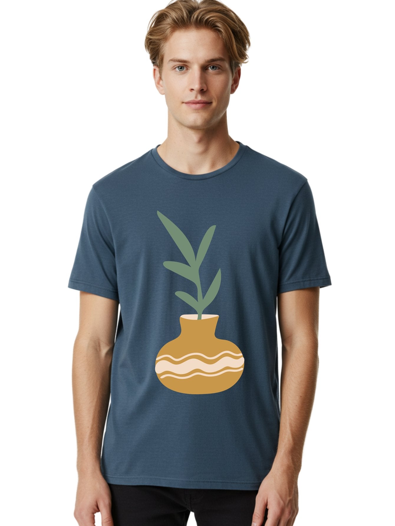 Pot-With-Plant Men'S Graphic Tee, 100% Cotton, Comfortable Casual Summer Wear, Machine Washable, Tan Pot, Wavy Lines, White Accents, Leaves, Plant, Ceramic, Earthy Tones, Simple Design, Botanical Illustration Aae045 25